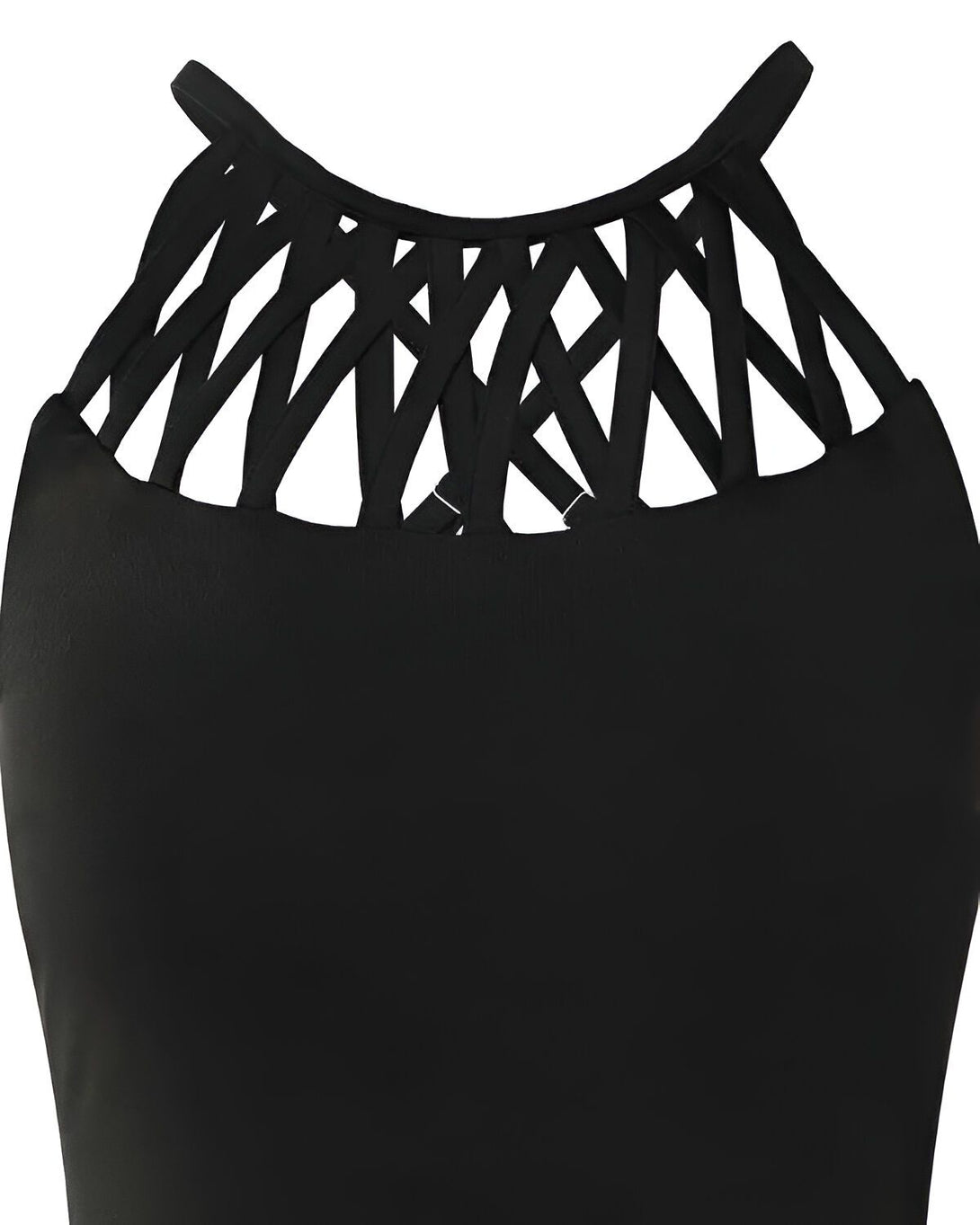 Une image d'un haut de maillot de bain noir avec un col montant et des bretelles croisées.