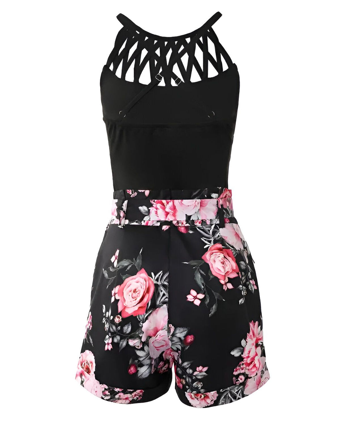 Une combinaison shorty noire avec un haut dos nu et un short taille haute à motif floral rose.