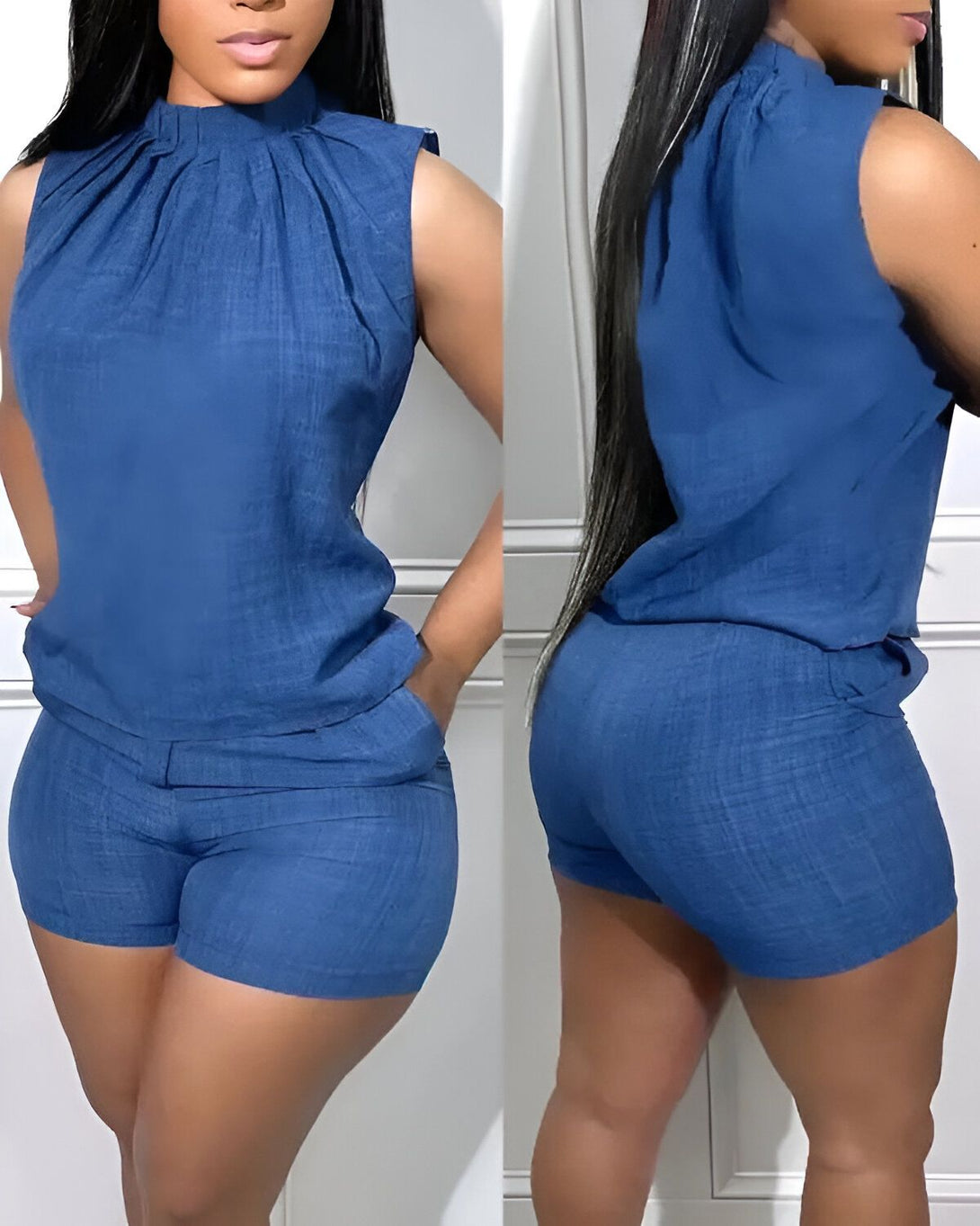 Une femme porte un ensemble short et haut bleu marine. L'ensemble est moulant et met en valeur ses courbes. La femme est debout, de dos et de face, et regarde l'appareil photo. Elle a les cheveux longs et noirs et porte du maquillage.