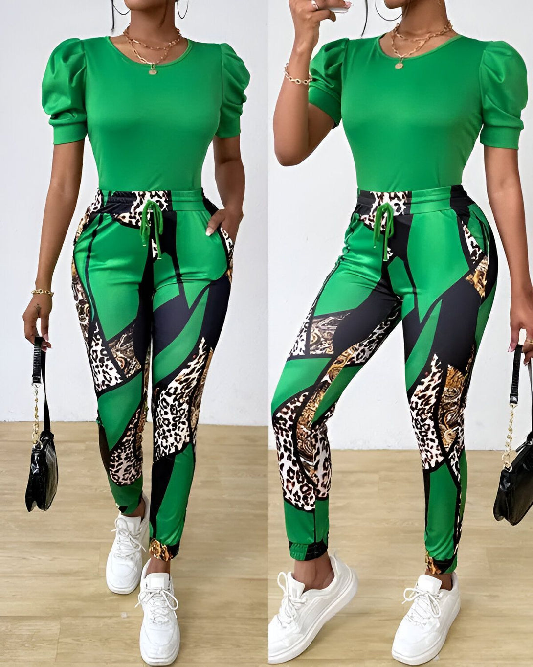 Une femme porte un ensemble pantalon et haut vert. Le haut est à manches courtes et possède des épaulettes bouffantes. Le pantalon est taille haute et possède des poches. L'ensemble est de couleur verte et possède des motifs léopard.
