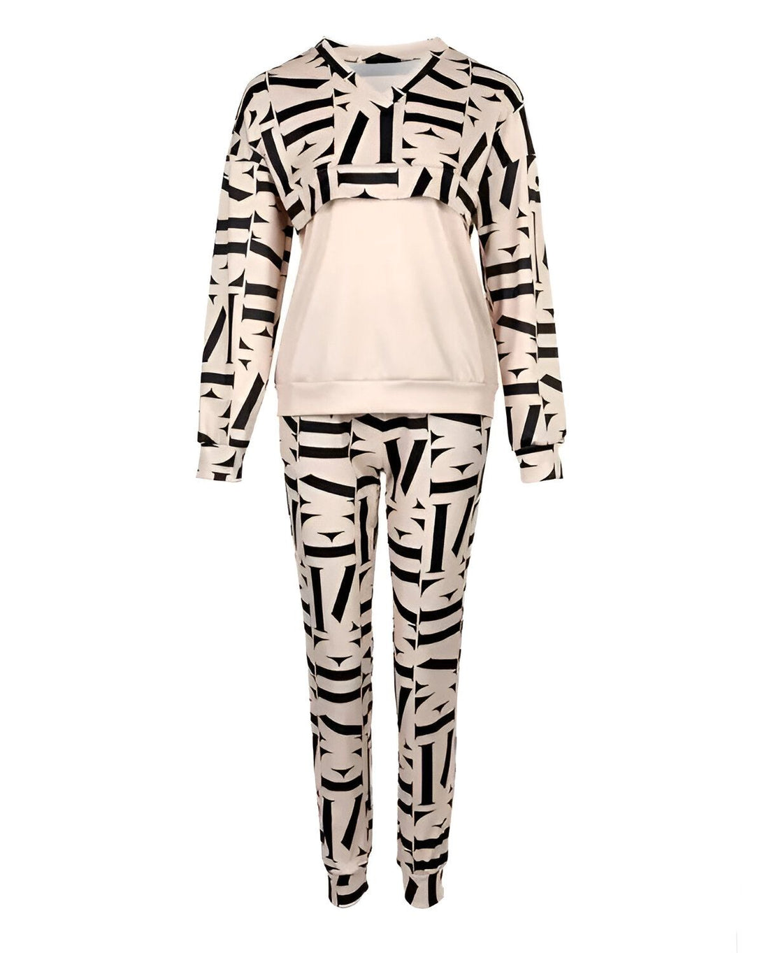Un ensemble de survêtement deux pièces pour femme de couleur beige et noir. Le haut est un sweat-shirt à capuche et le bas est un pantalon de jogging.