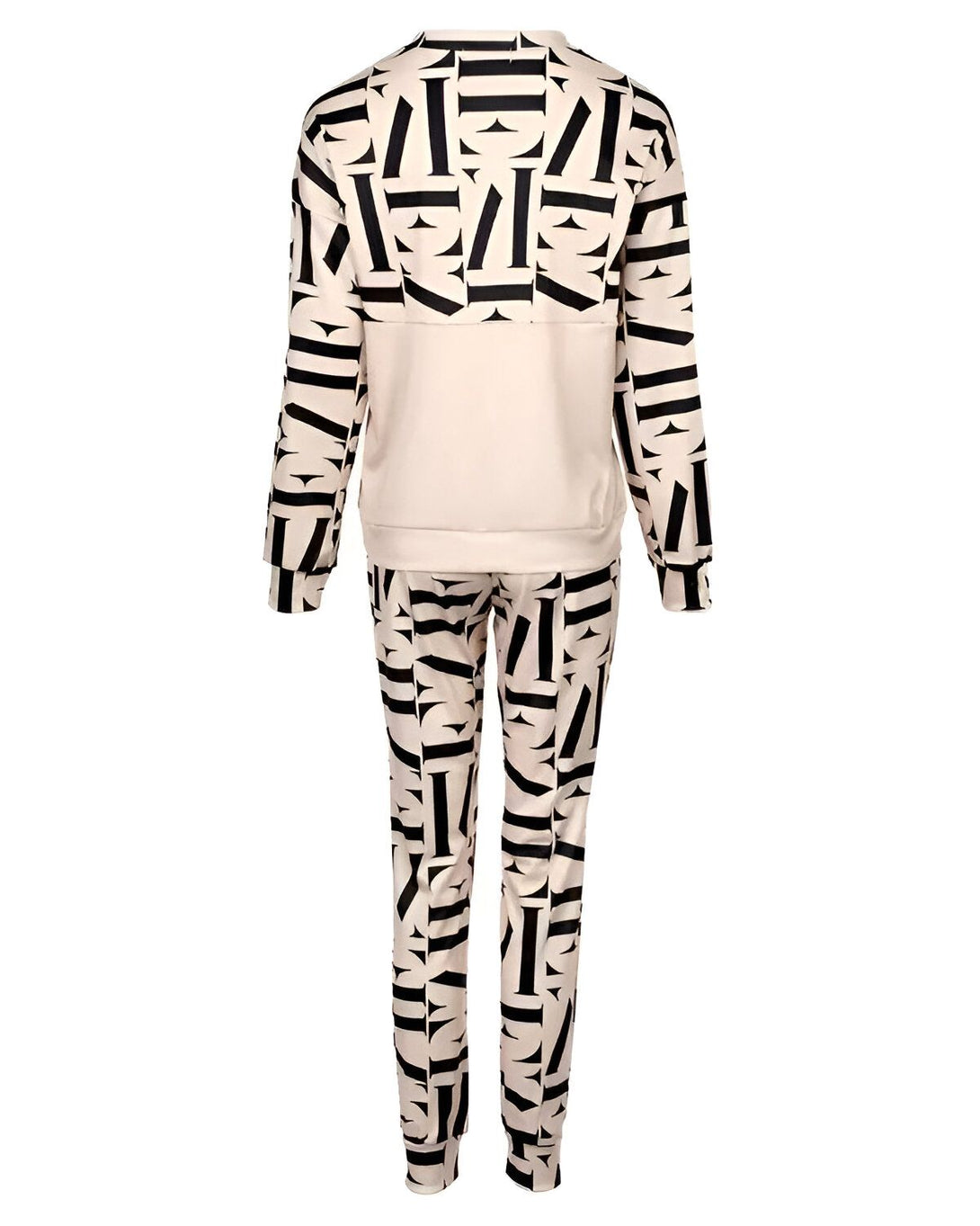 Un ensemble de survêtement beige et noir avec un motif de lettres.