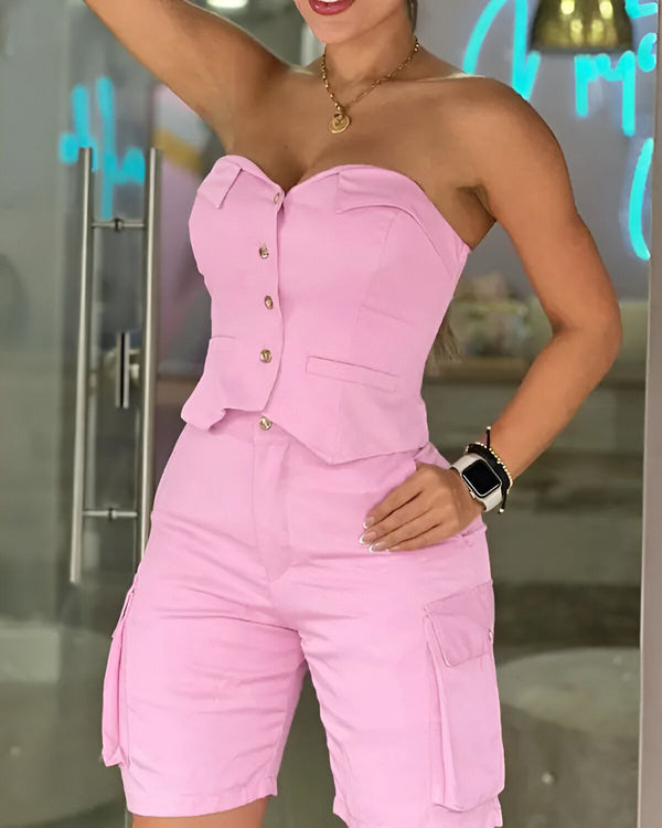 Ensemble haut bandeau boutonné et short à poches
