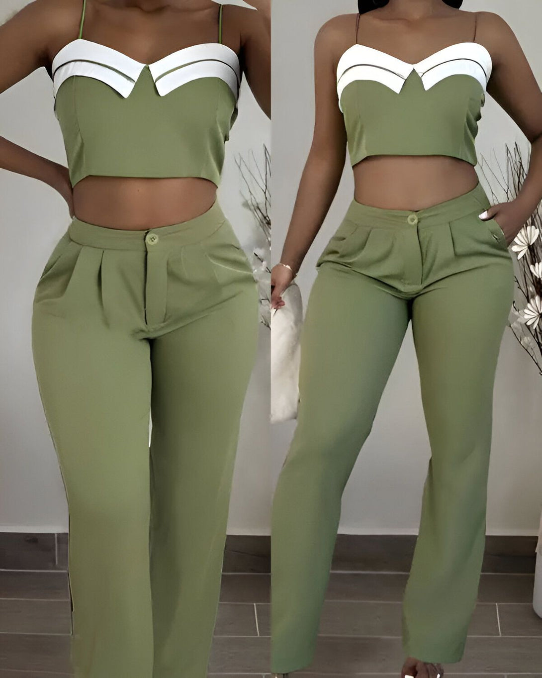 Une femme porte un ensemble pantalon et haut vert. Le haut est court et possède un col blanc. Le pantalon est taille haute et possède des poches.