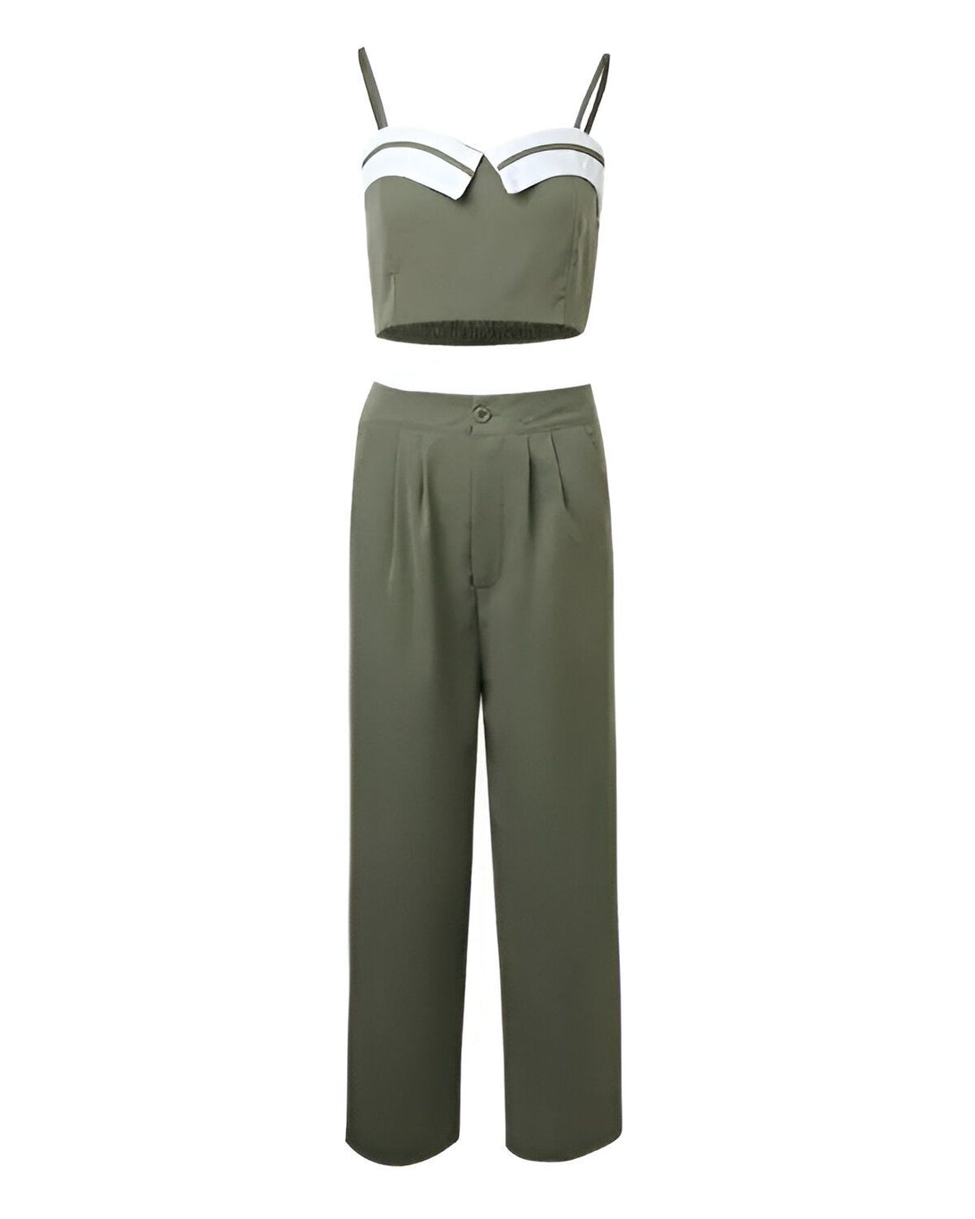 Un ensemble deux pièces composé d'un pantalon taille haute vert olive et d'un crop top assorti. Le crop top a un col blanc et des bretelles fines. Le pantalon est ample et a des plis sur le devant.