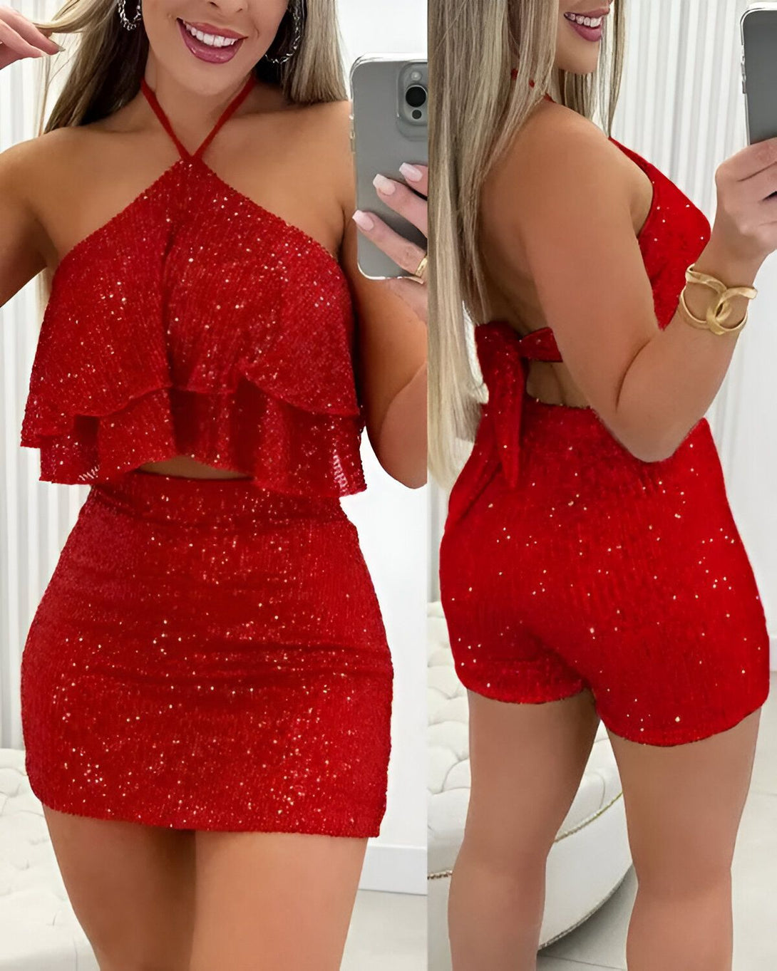 Une femme porte un ensemble deux pièces rouge pailleté composé d'un crop top et d'un short. Le crop top est à col montant et possède des volants sur le bas. Le short est taille haute et possède une fermeture éclair sur le côté. La femme est vue de face et de dos.