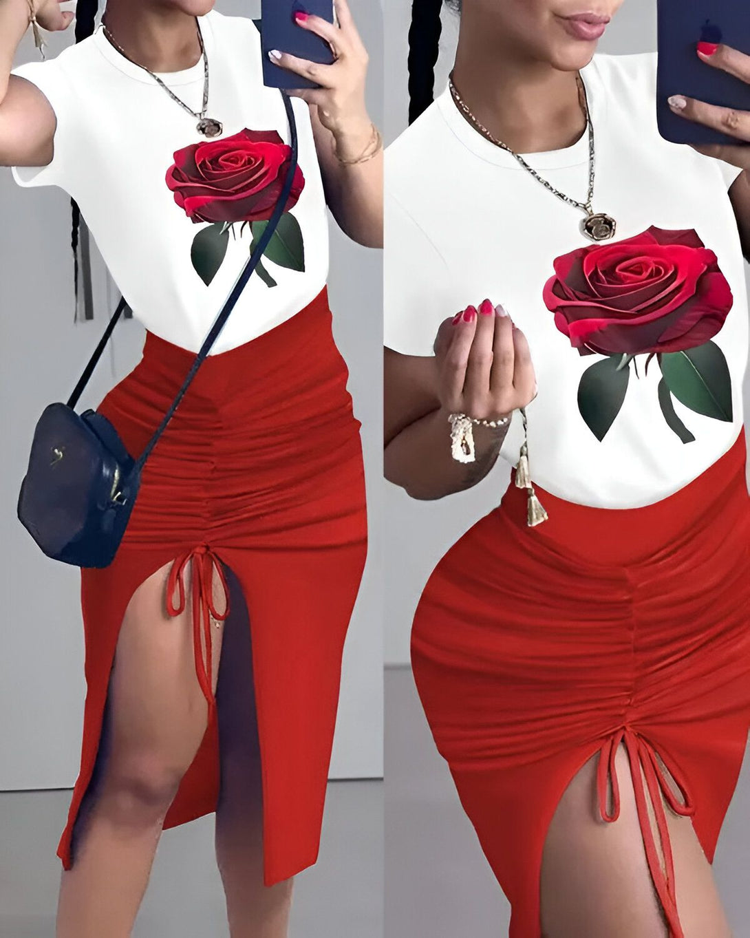 Une femme porte un t-shirt blanc avec une image d'une rose rouge. Elle porte également une jupe rouge fendue sur le côté. Elle a un sac à main noir et des bijoux.
