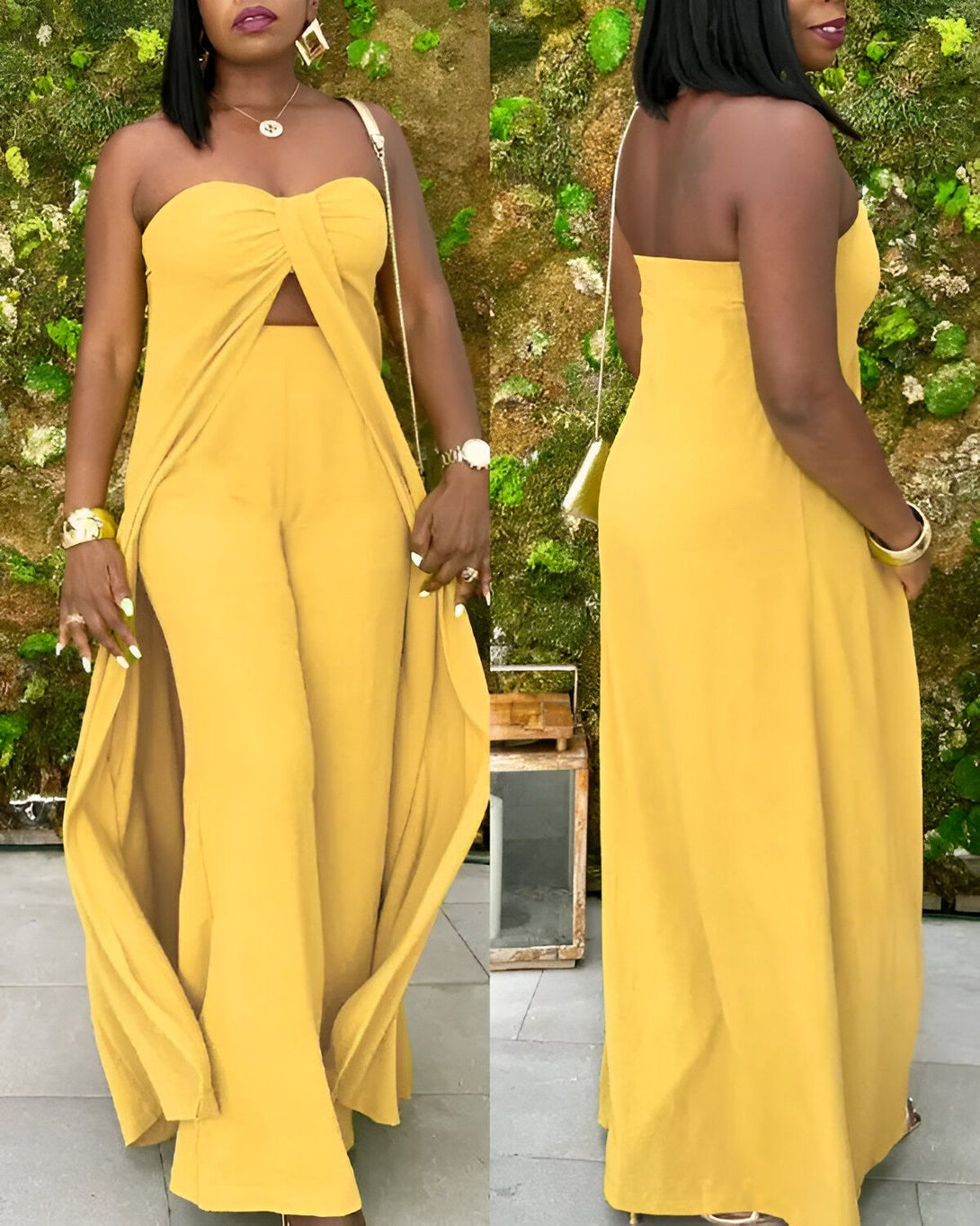 Une femme porte une combinaison pantalon jaune fendue sur le devant et nouée au niveau de la poitrine. Elle a les cheveux noirs et porte un collier et des bracelets.