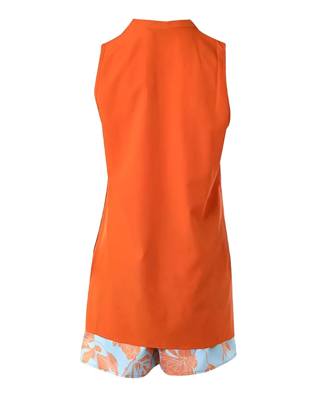 Une image d'un ensemble short et débardeur orange et bleu à motifs floraux.