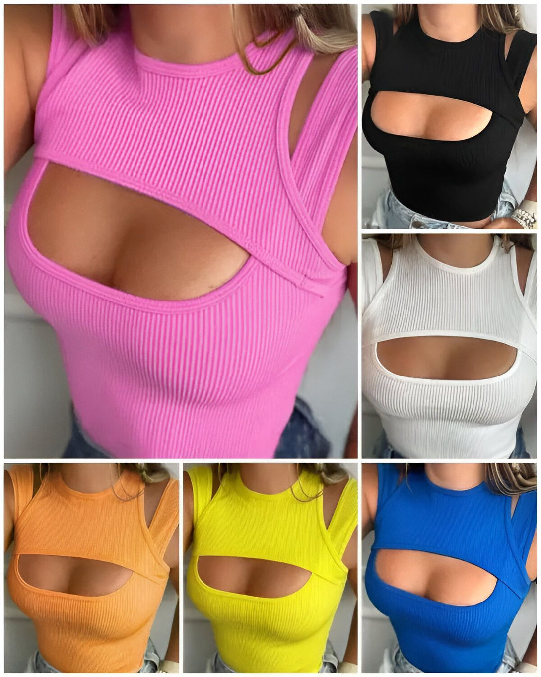 Une image de cinq femmes portant des débardeurs de couleur différente. Les débardeurs sont courts et ont une encolure dégagée.