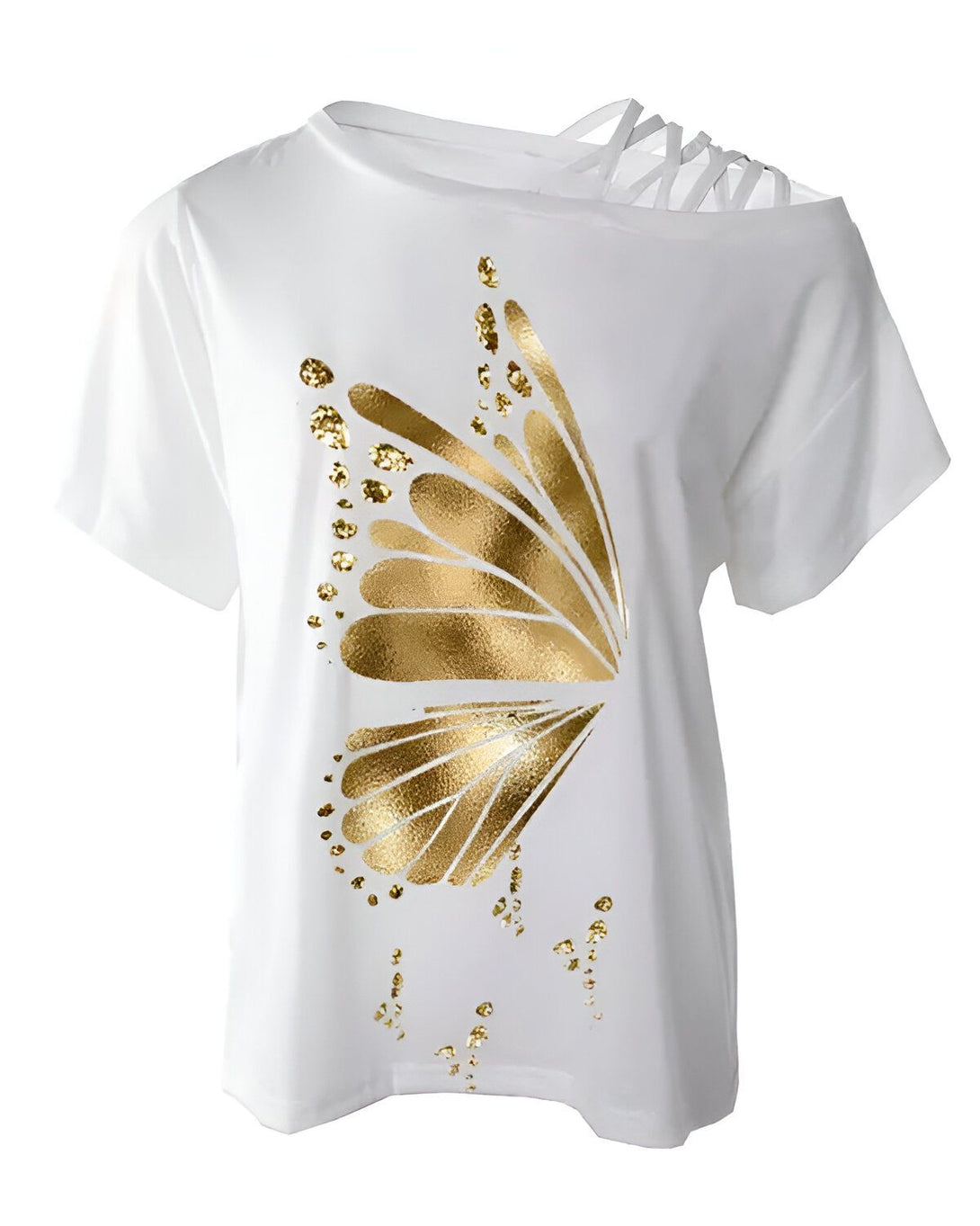 Le texte alternatif est le suivant :

Une image d'un t-shirt blanc avec un papillon doré imprimé dessus. Le t-shirt a une épaule dénudée et des lacets sur le côté.
