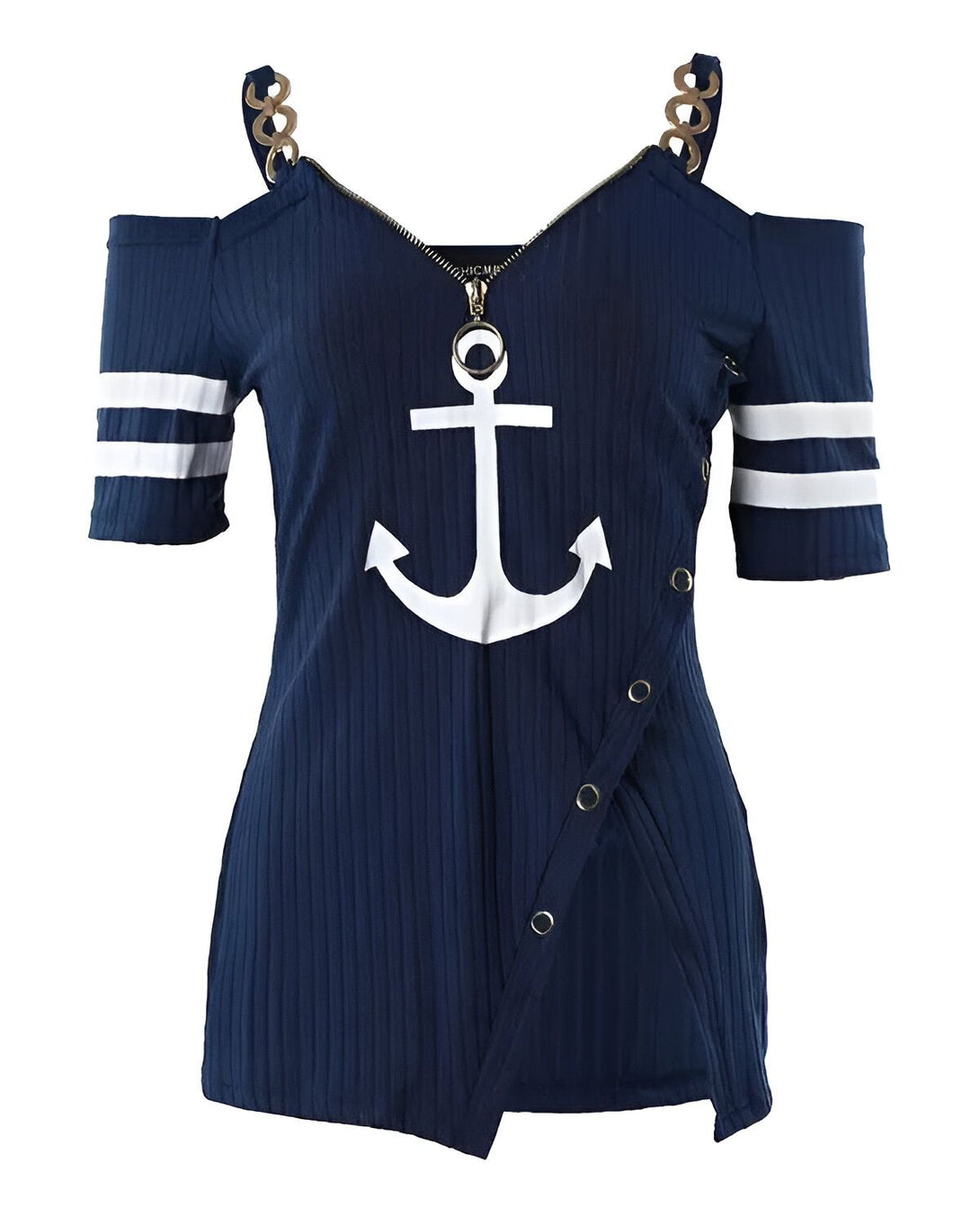 Une image d'une robe de couleur bleu marine avec une ancre blanche imprimée sur le devant. La robe a des manches courtes et un col en V. Elle est ouverte sur le côté et se ferme avec des boutons.