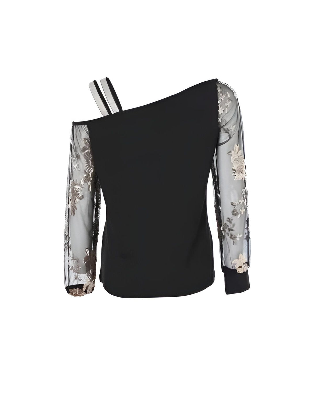 Chemisier noir à manches longues en dentelle transparente brodée de fleurs et sequins. Le chemisier est asymétrique avec une épaule dénudée et l'autre recouverte d'une bretelle.