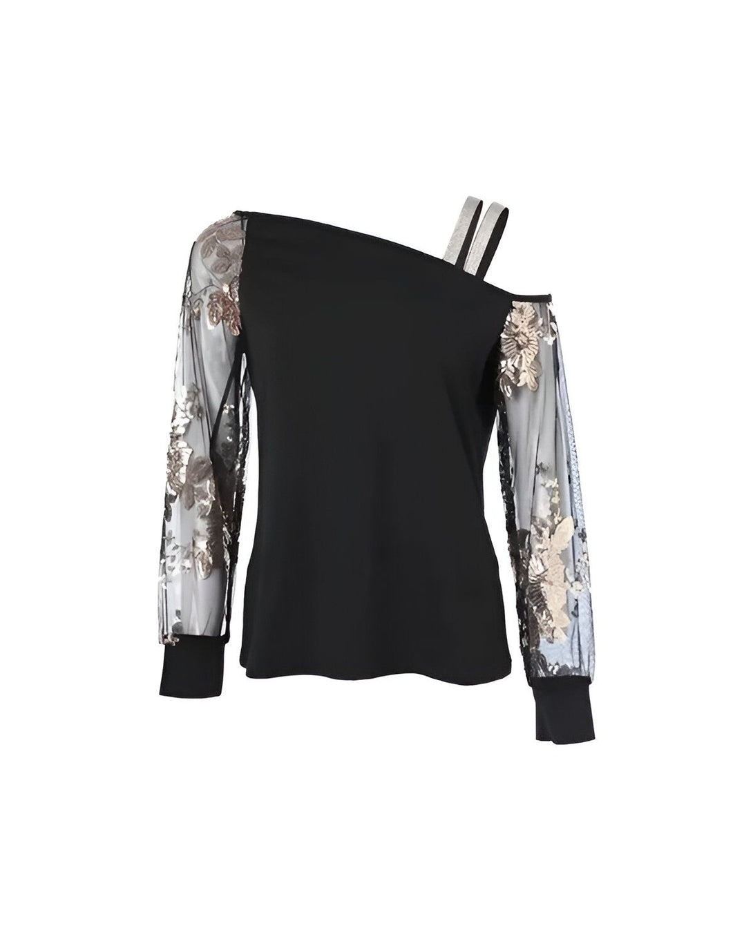 Le chemisier noir à sequins et à fleurs est un vêtement pour femme. Il est de couleur noire et possède des manches longues. Le chemisier est orné de sequins et de fleurs de couleur or. Il est parfait pour une soirée ou pour une occasion spéciale.