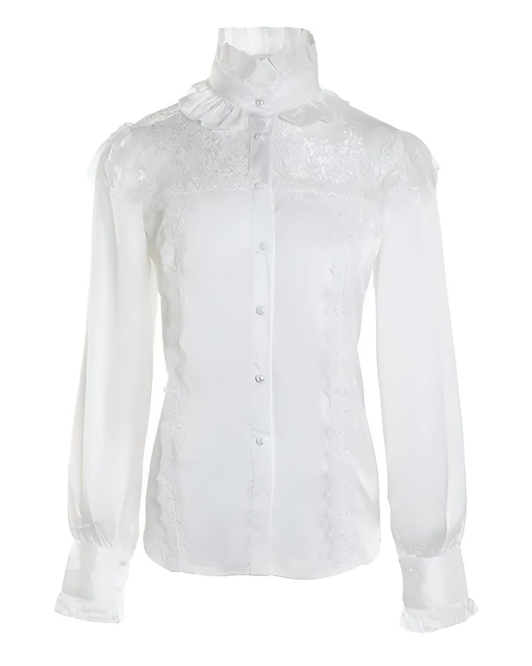 Chemisier blanc en dentelle avec un col montant et des manches longues.