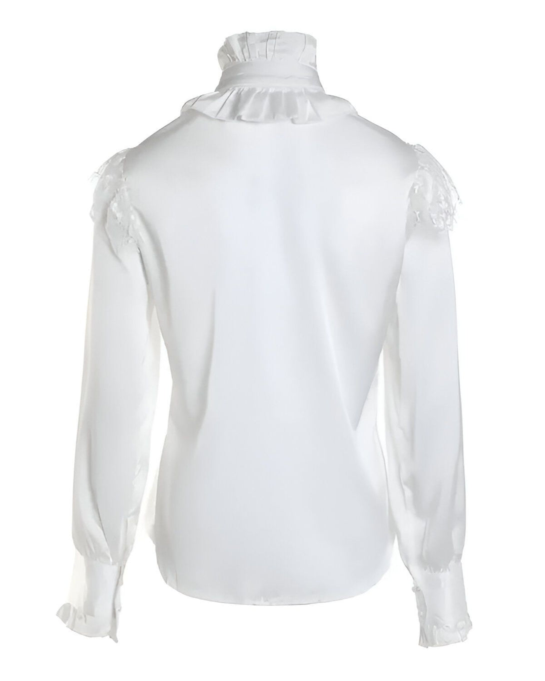 Chemisier en satin blanc avec un col montant et des manches longues. Le chemisier est fermé par des boutons dans le dos.