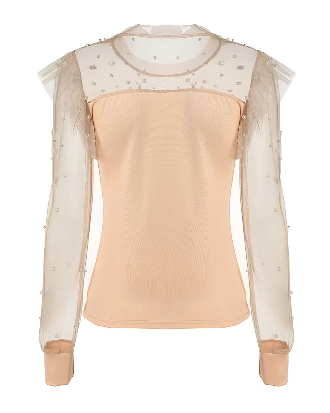 Chemisier beige en résille transparente avec perles et manches longues bouffantes
