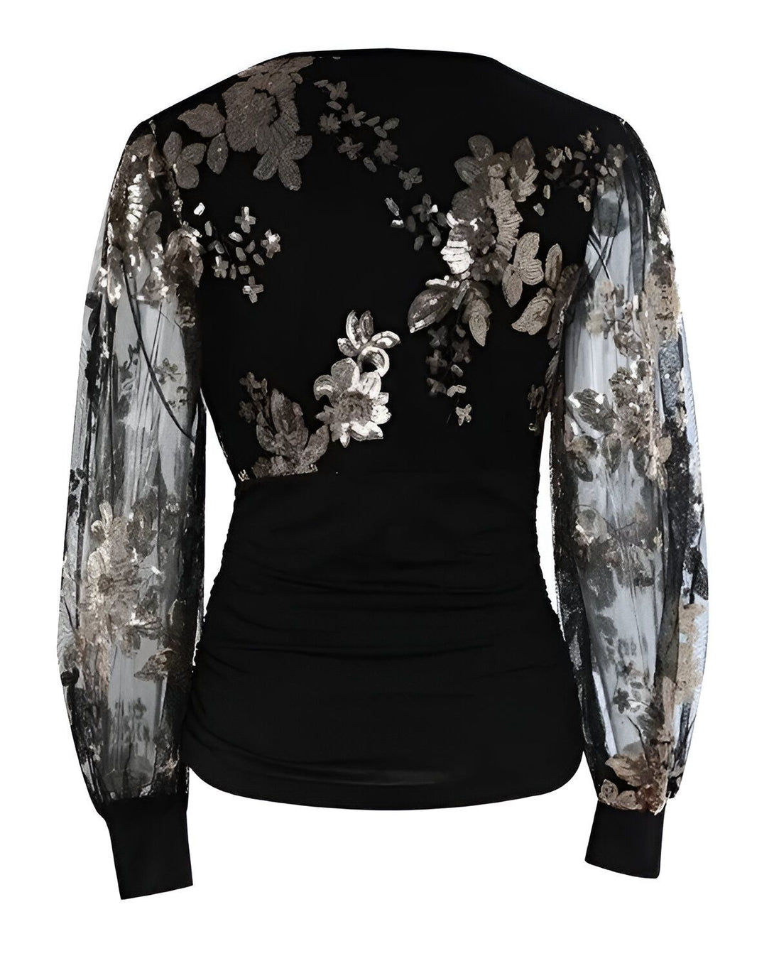 Chemisier noir à manches longues et transparentes avec des fleurs brodées et des sequins dorés.