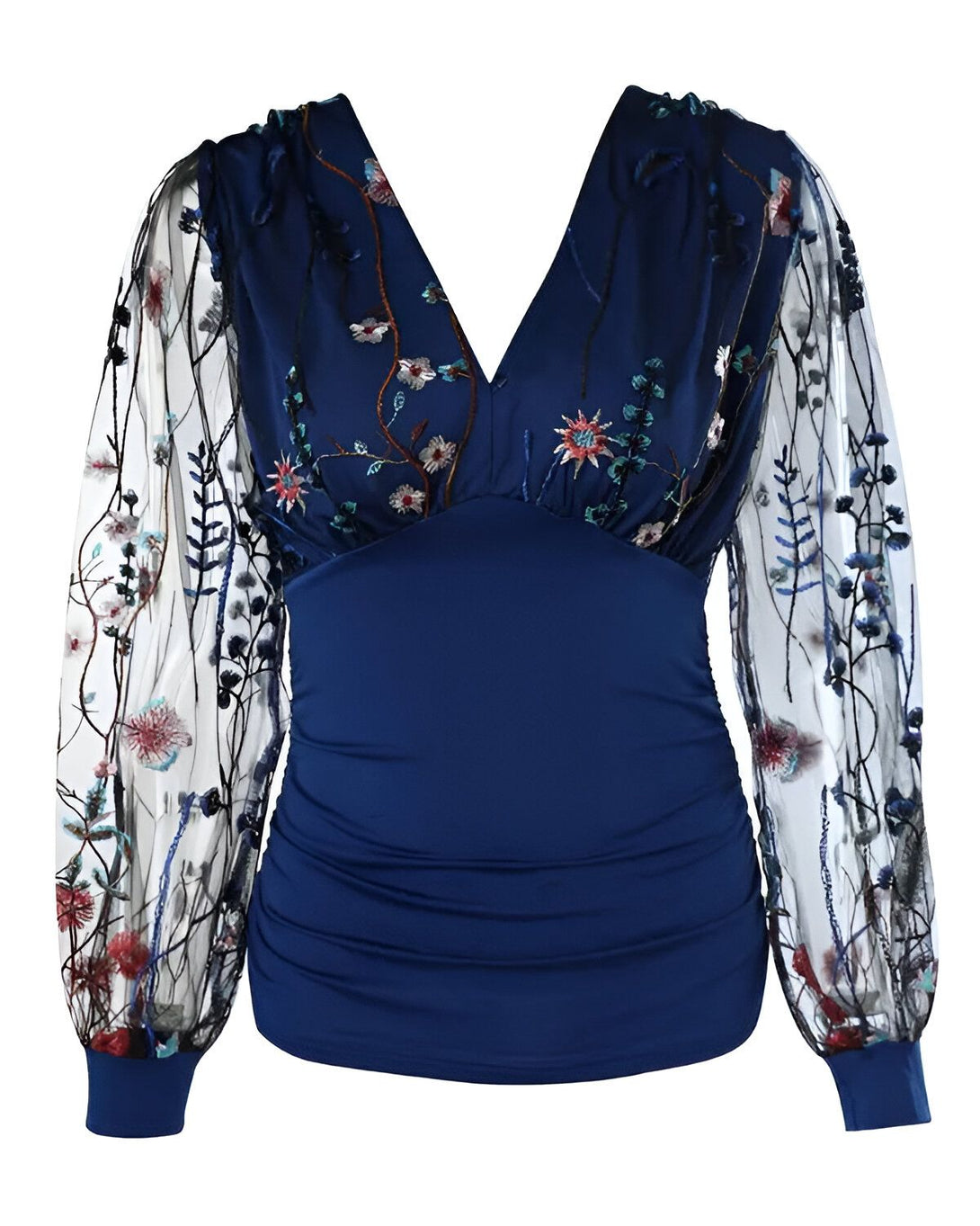 Chemisier bleu marine à manches longues brodées de fleurs et de feuillages. Le chemisier est cintré à la taille et possède un col en V.