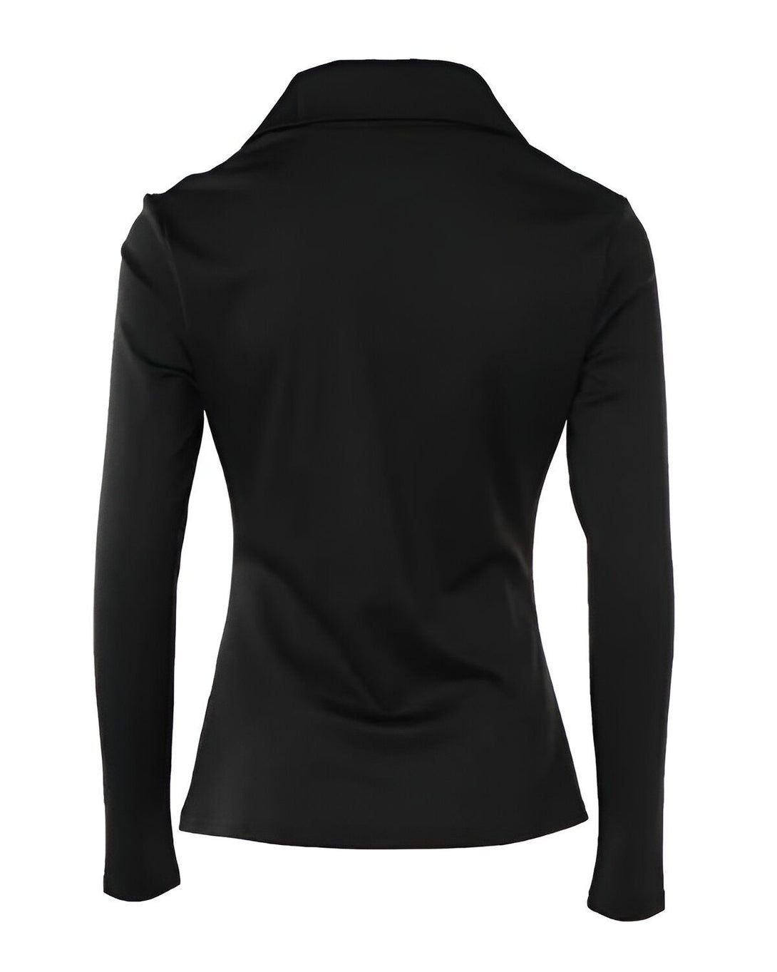 Une image d'un blazer noir pour femme avec des manches longues et un col montant. Le blazer est cintré et possède une fermeture à boutons.