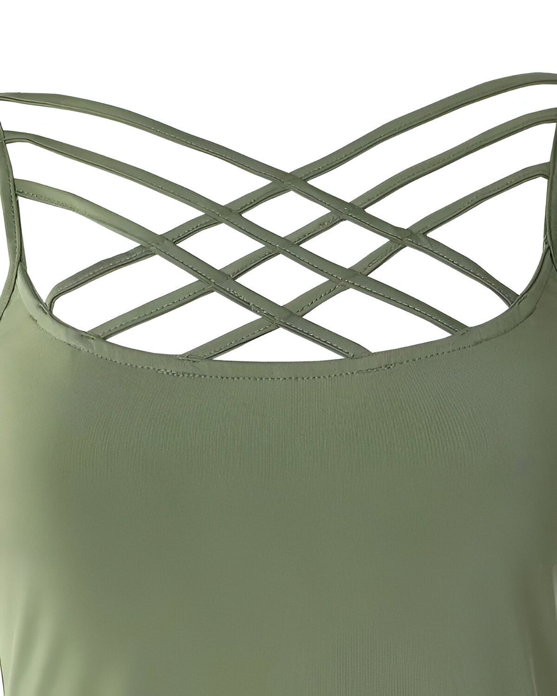 Une image d'un haut de couleur vert olive avec des bretelles croisées.