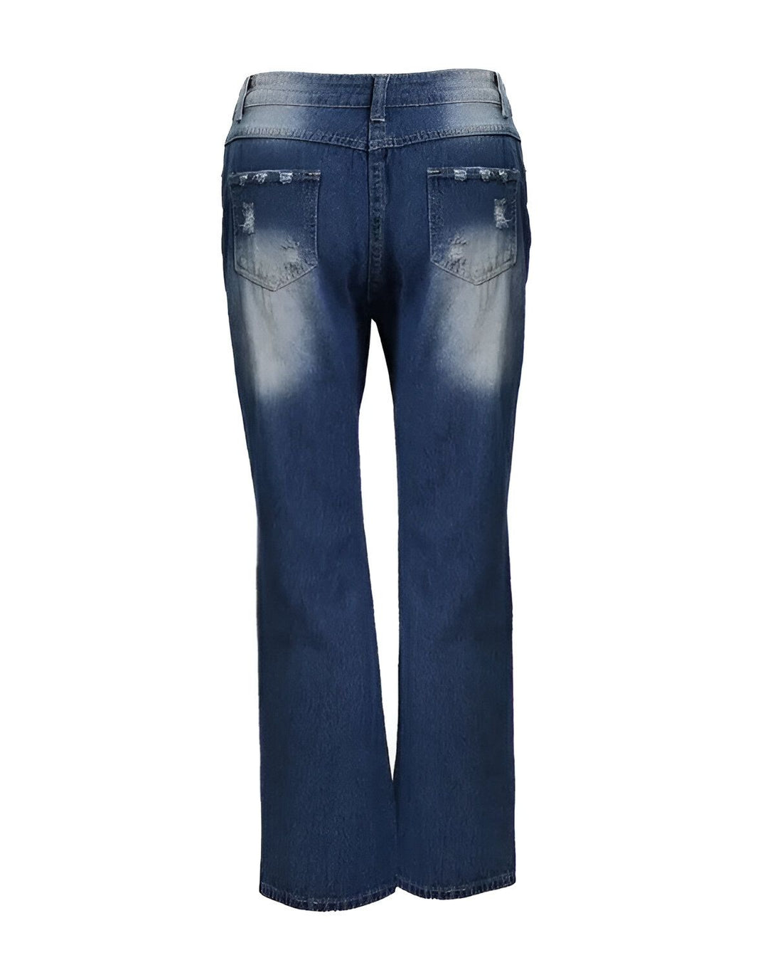 Une image d'un jean bleu troué taille haute pour femme.