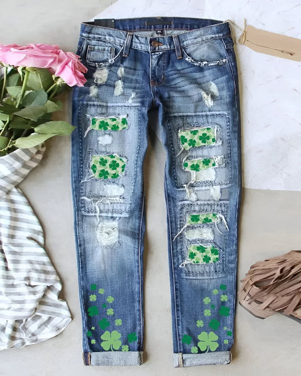 Jean déchiré patchwork à imprimé Lucky Shamrock de la Saint-Patrick