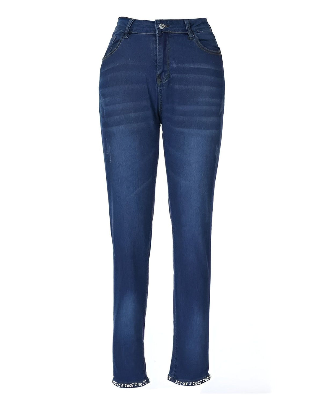 Une image d'un jean bleu foncé taille haute pour femme avec des strass en bas.