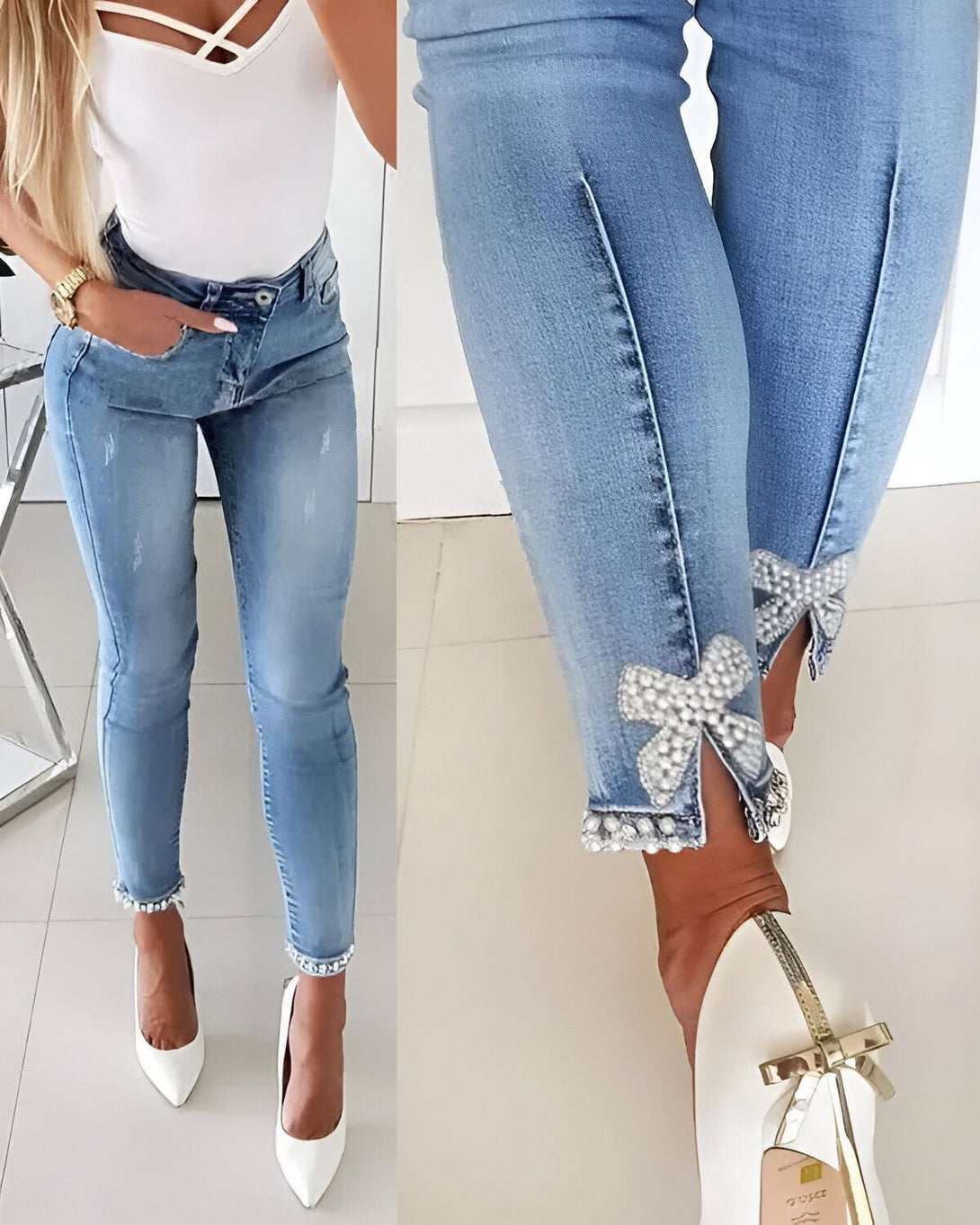 Une image d'une femme portant un jean bleu avec des talons blancs. Le jean a des perles et des nœuds sur le bas des jambes.