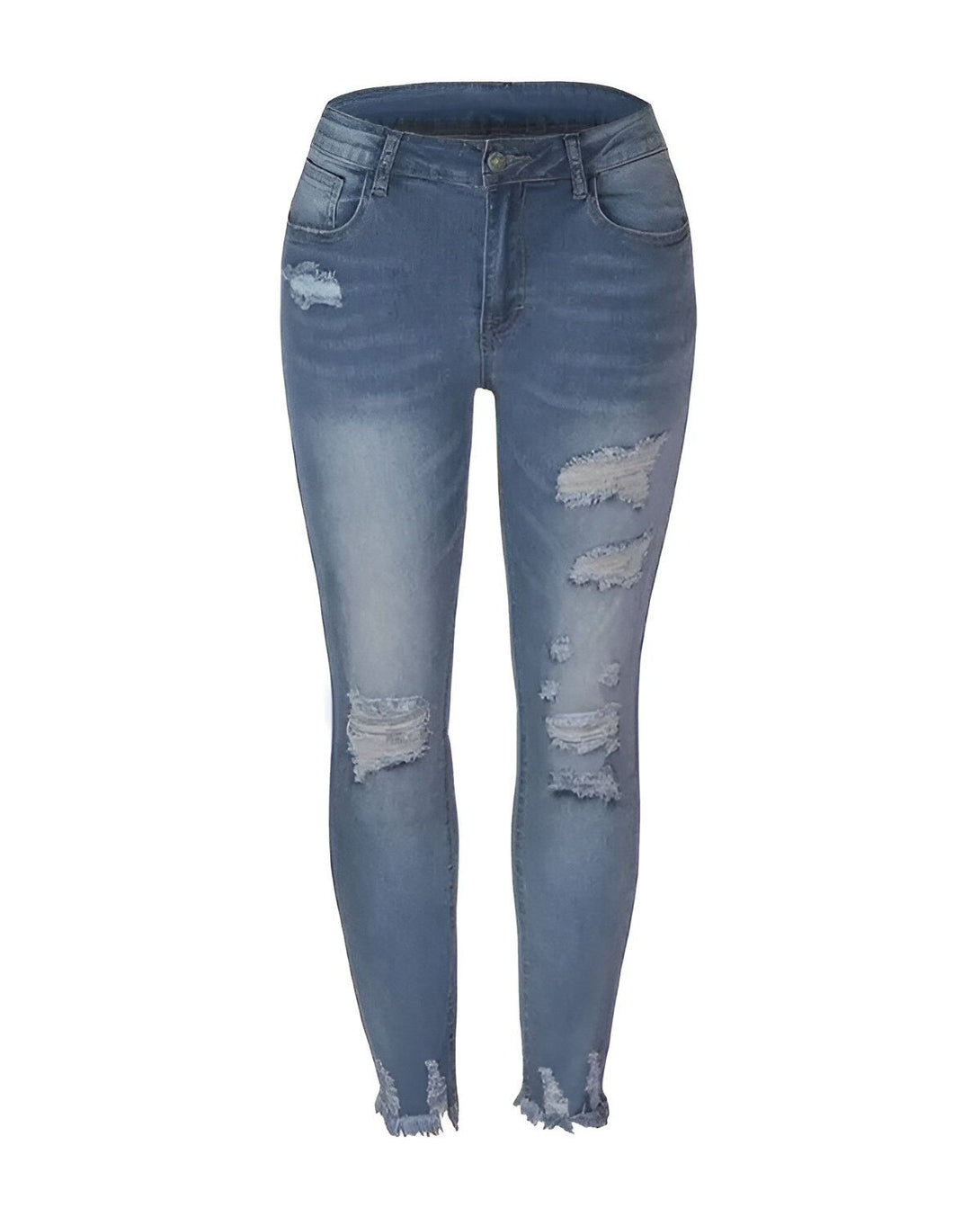 Le jean est bleu clair et déchiré aux genoux. Il est taille haute etskinny.