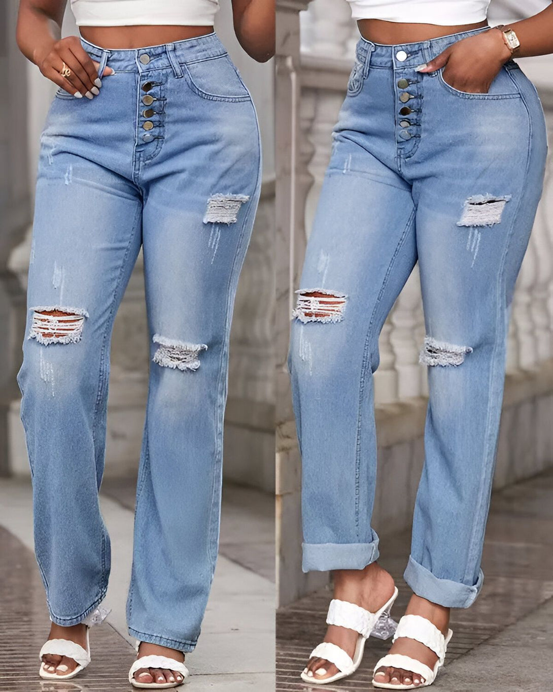 Une image de deux femmes portant un jean bleu déchiré taille haute avec des boutons. Le jean est déchiré au niveau des genoux et des cuisses. Les femmes portent des talons hauts blancs.