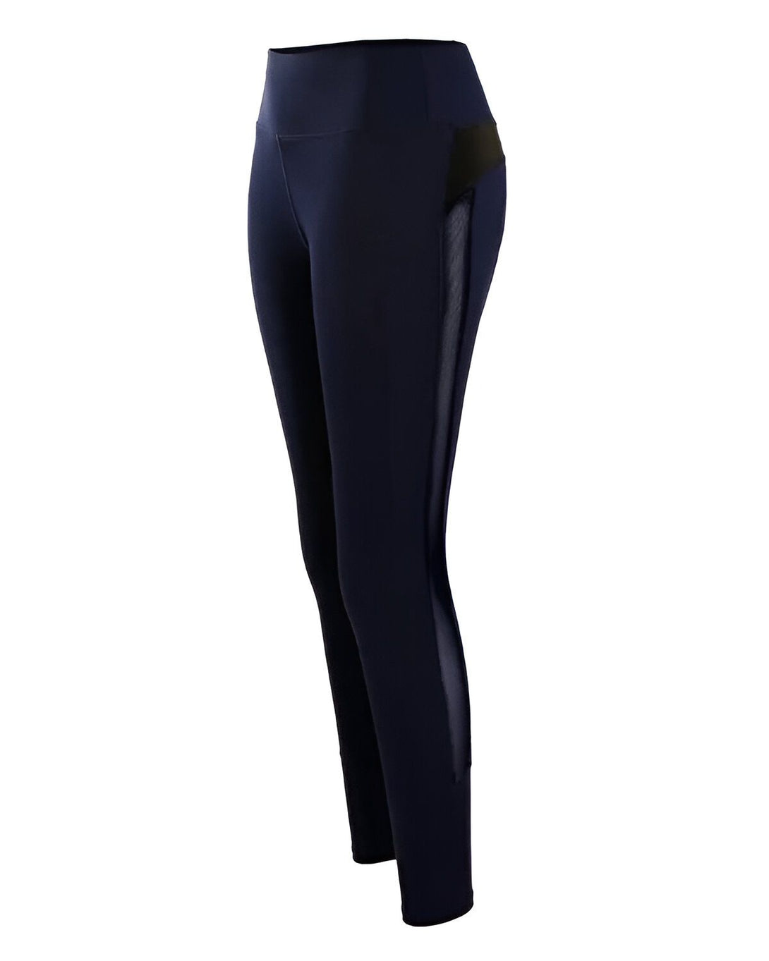 Legging de sport bleu marine avec empiècements en mesh noir sur les côtés.