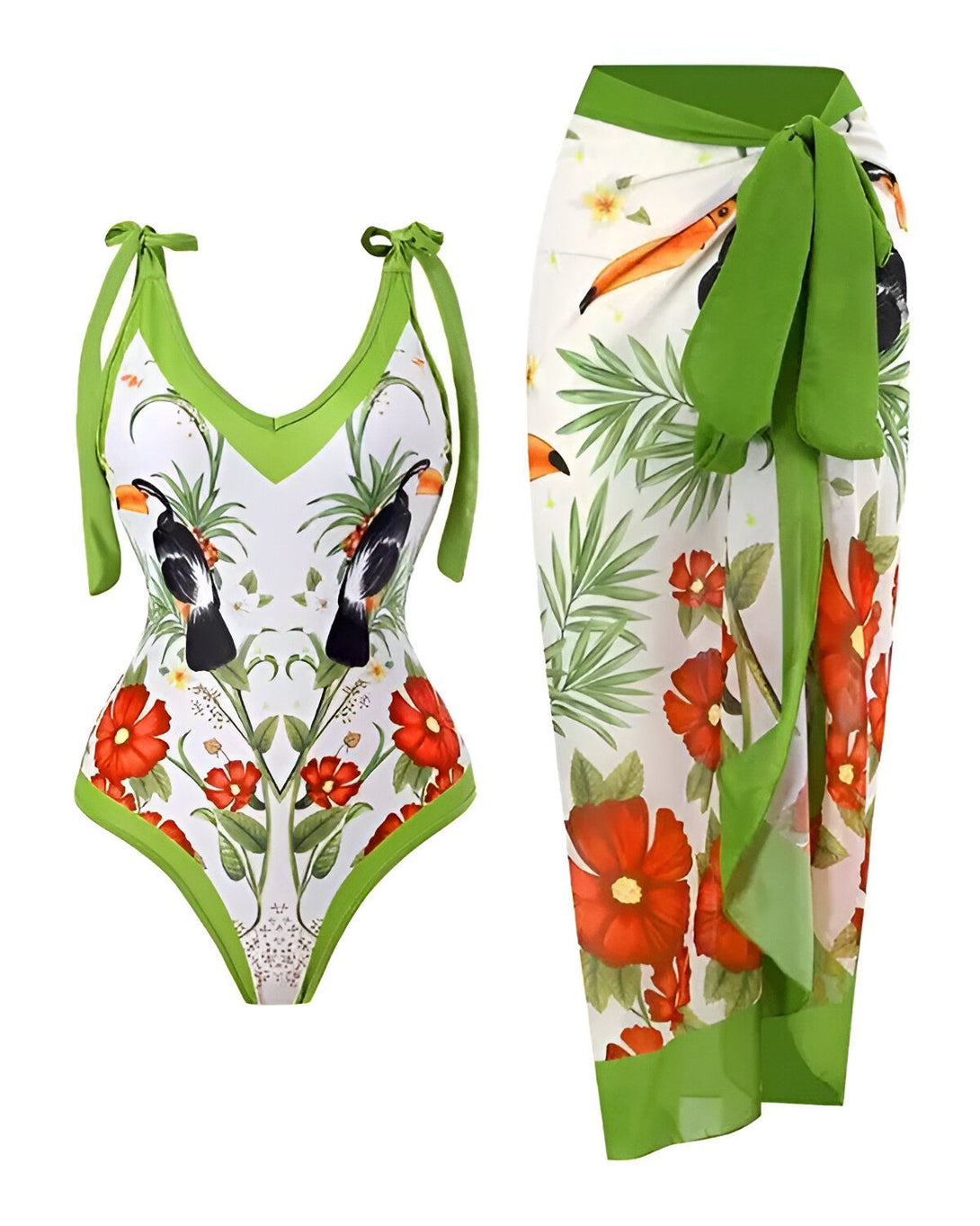 L'image représente un maillot de bain une pièce avec un imprimé de fleurs tropicales et de toucans. Le maillot de bain est de couleur blanche avec des bretelles vertes. Il est échancré sur les côtés et possède une doublure. Le paréo est de couleur verte avec un imprimé de fleurs tropicales et de toucans. Il est noué à la taille et possède une fente sur le côté.