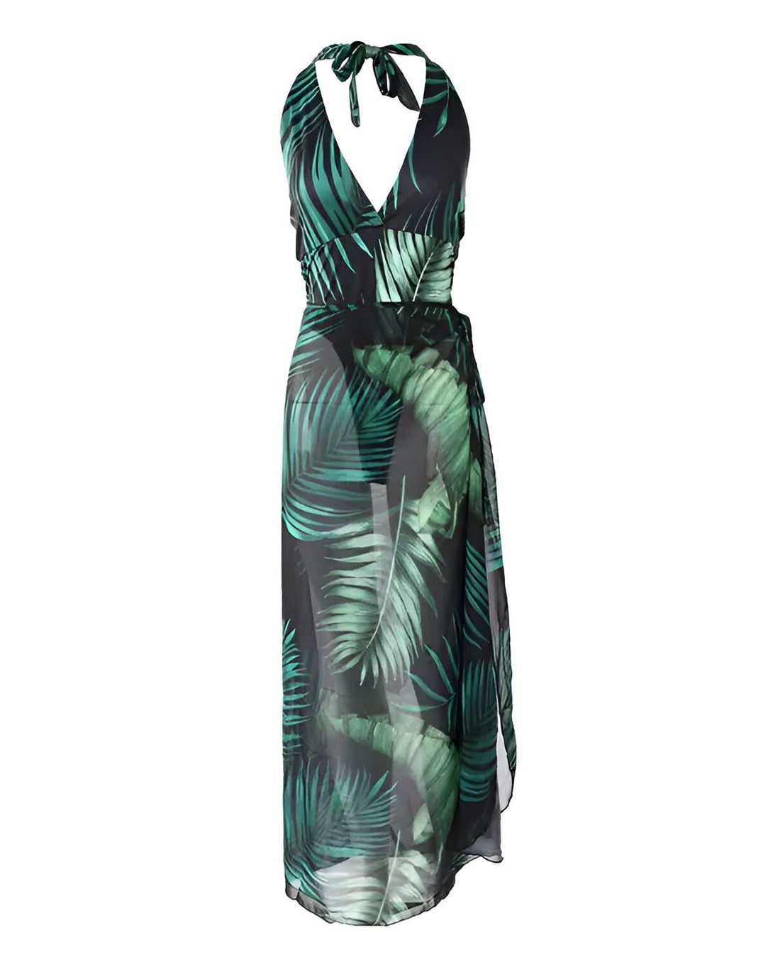 Une robe longue verte à motifs de feuilles de palmier avec un décolleté plongeant et un lien à nouer autour du cou.