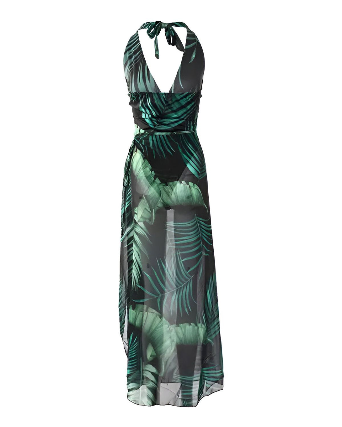 Une robe longue transparente à motif de feuilles de palmier vert foncé avec un maillot de bain une pièce noir en dessous.