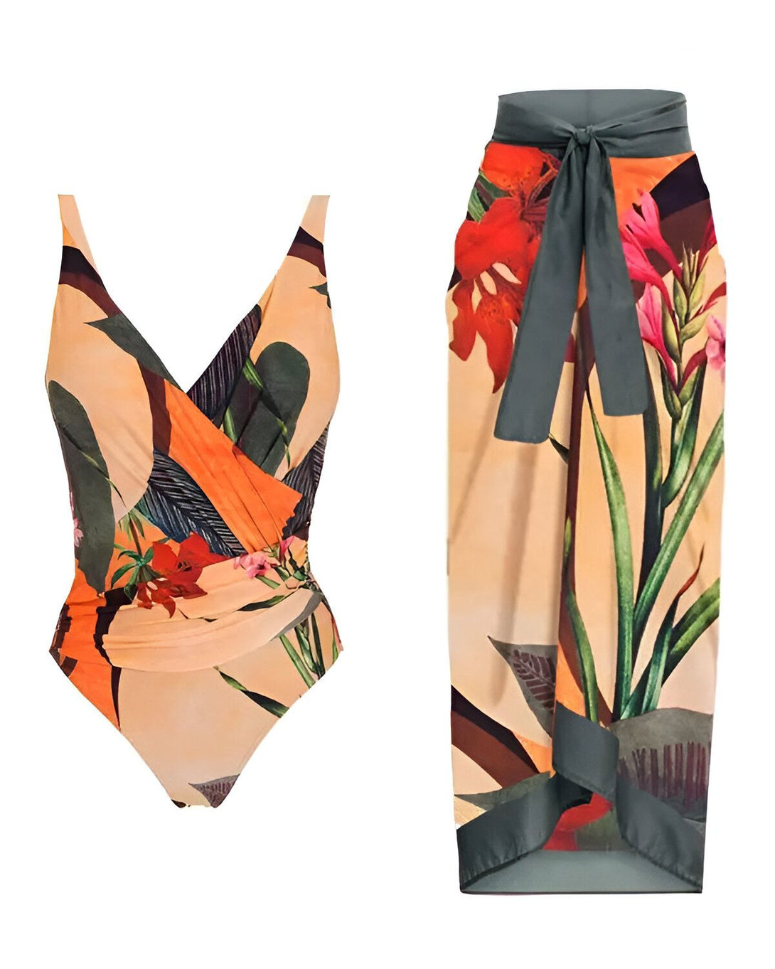 Un maillot de bain une pièce orange avec un motif floral et un paréo assorti. Le maillot de bain a une encolure en V et des bonnets rembourrés. Le paréo est long et léger, il peut être porté de différentes manières.