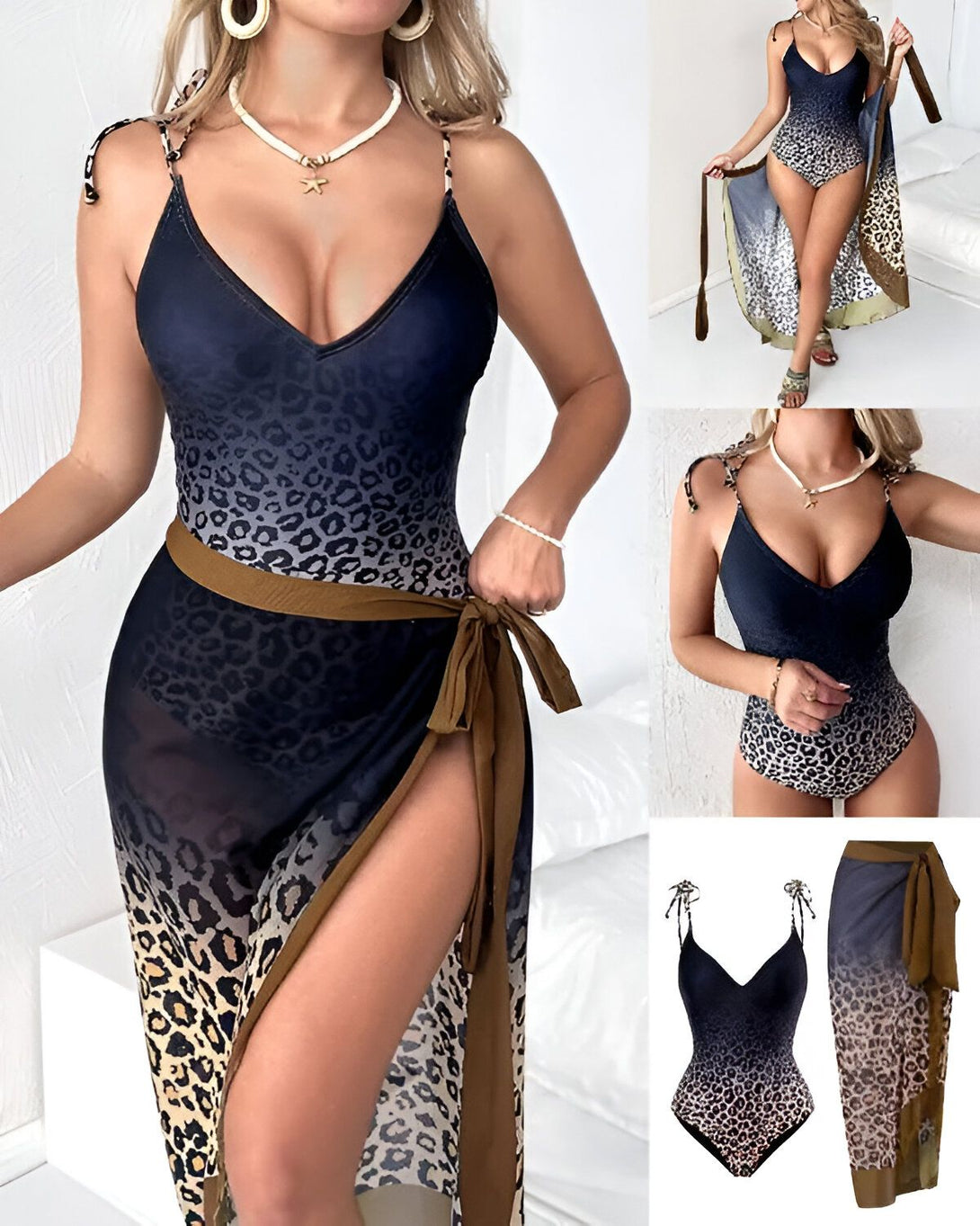 Une femme porte un maillot de bain une pièce noir et marron avec un décolleté plongeant et des bretelles fines. Le maillot de bain est également doté d'une ceinture à nouer à la taille et d'une longue fente sur le côté. La femme porte également un paréo assorti.