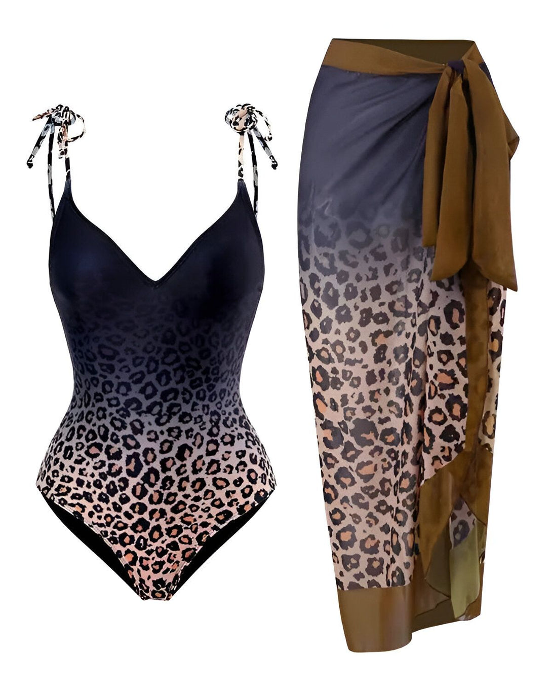L'image montre un maillot de bain une pièce noir et marron avec un dégradé de couleur et un motif léopard, ainsi qu'un paréo marron et noir à nouer à la taille.