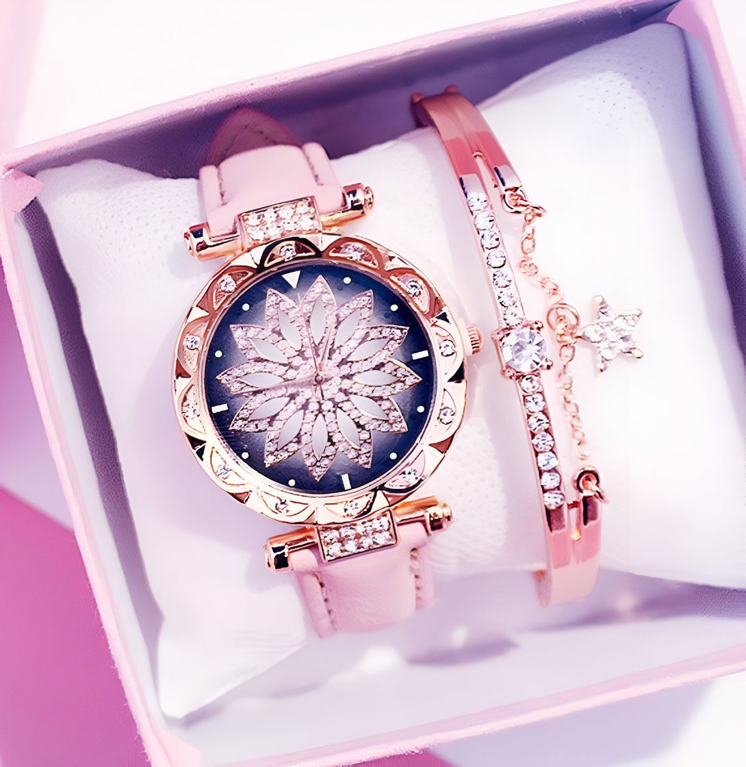 Montre Femme Or Rose & Bracelet Strass
