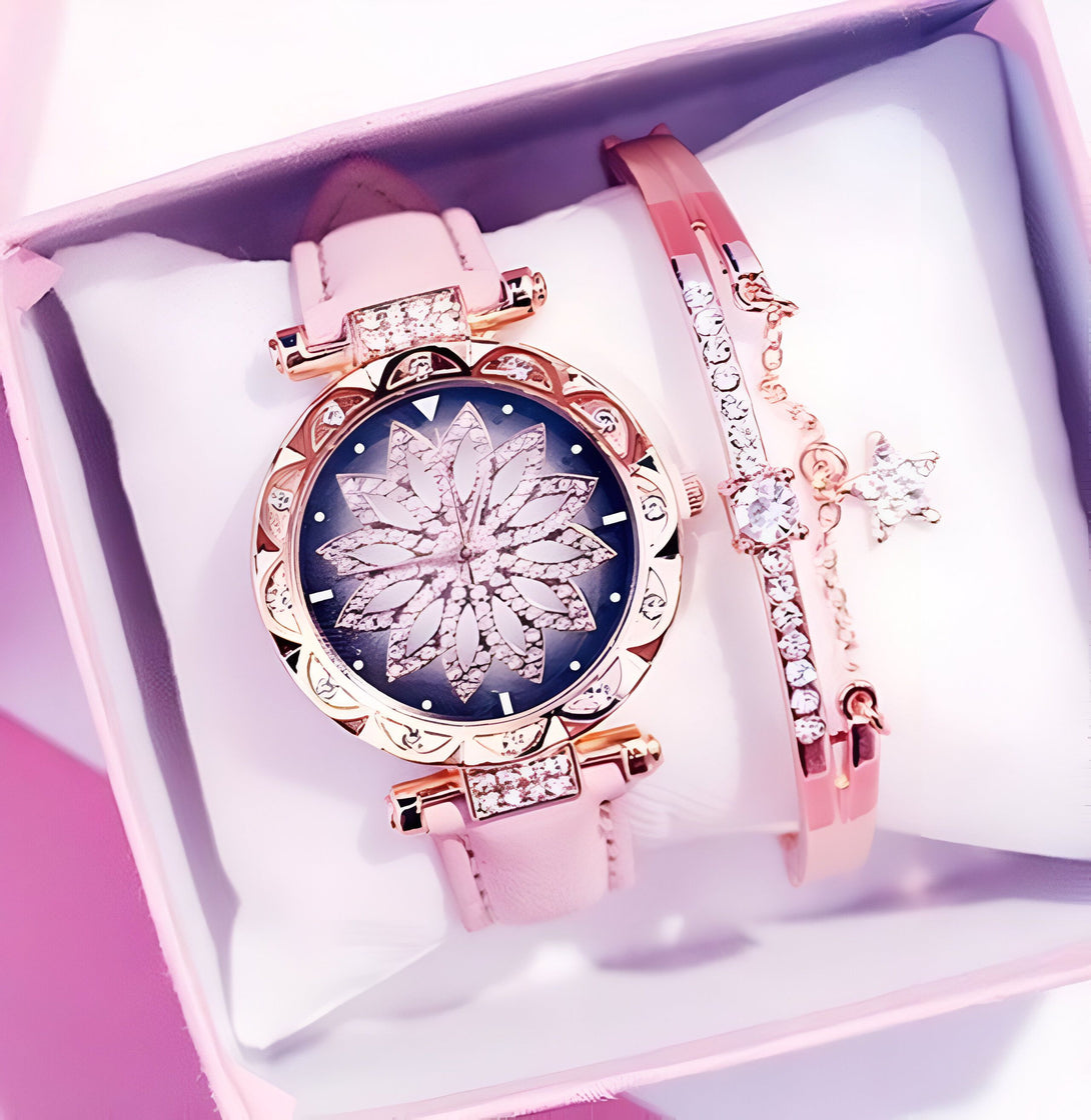 Montre Femme Or Rose & Bracelet Strass

