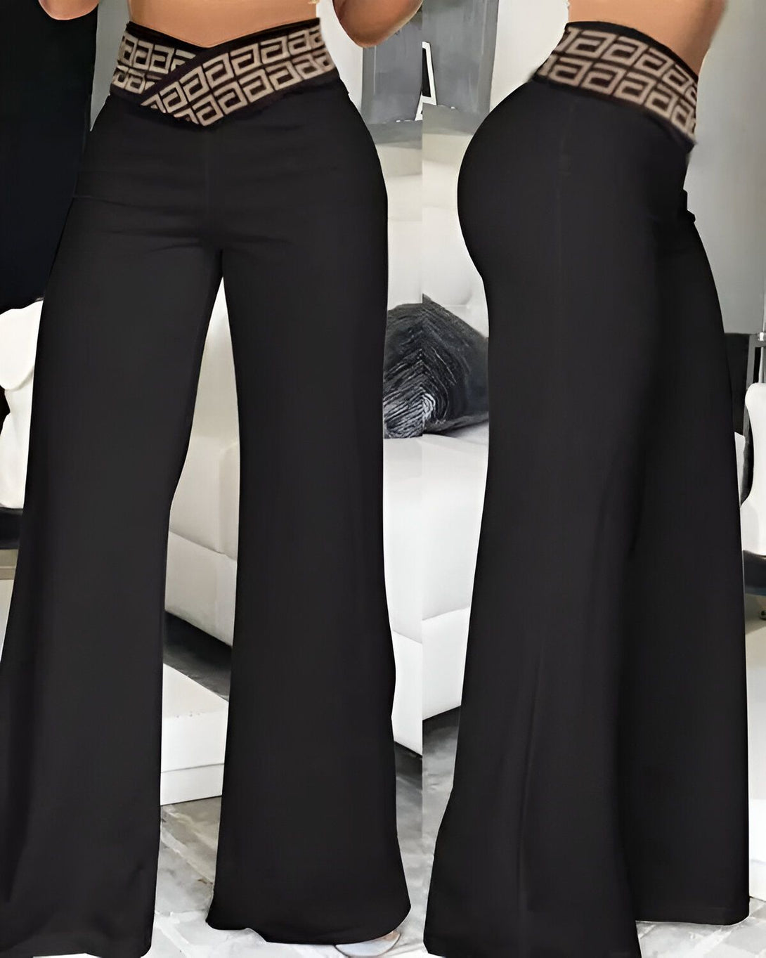 Une femme porte un pantalon large noir taille haute avec une ceinture marron à motifs. Le pantalon est évasé et a des poches sur les côtés. La femme est vue de dos et de face.