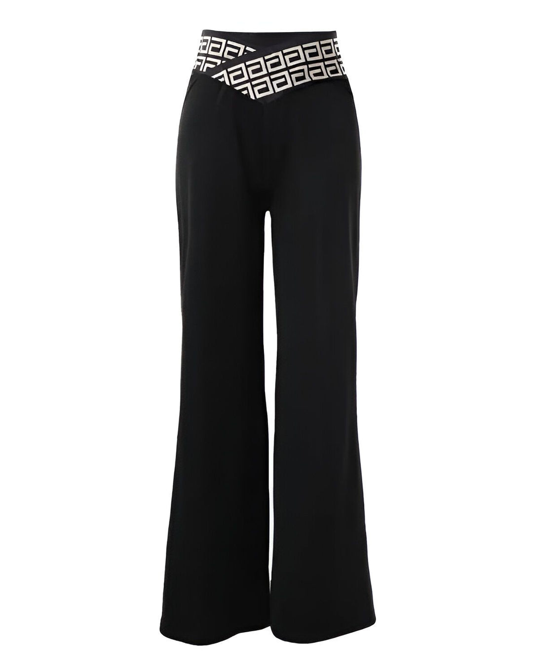 Le pantalon est noir avec une taille haute et des jambes larges. Il est fait d'un tissu extensible et possède une ceinture intégrée avec un motif géométrique.