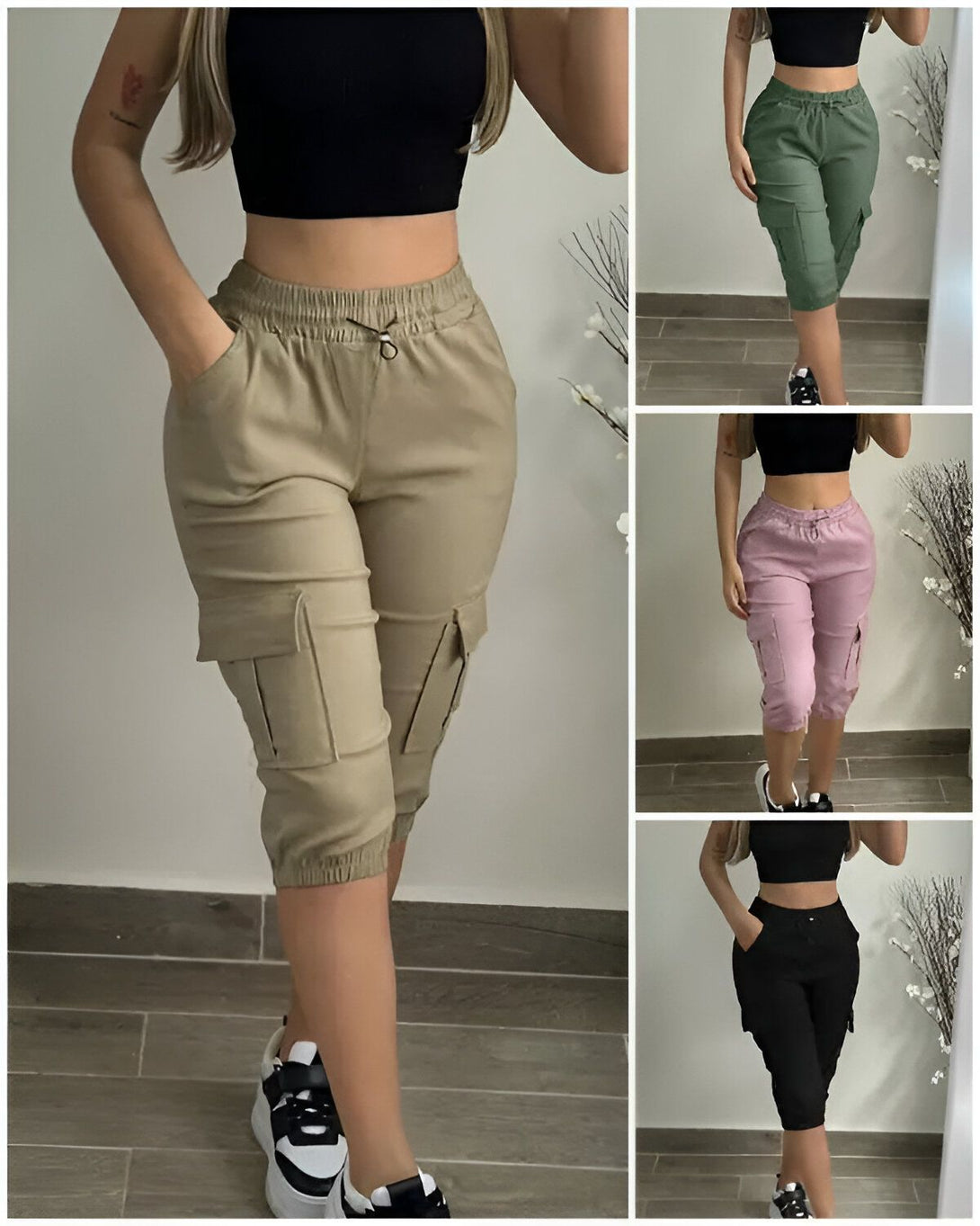 Trois femmes portent des pantalons cargo beiges, roses et noirs. Les pantalons ont une coupe ample et des poches cargo sur les côtés. Les femmes sont toutes souriantes et semblent heureuses de porter les pantalons.