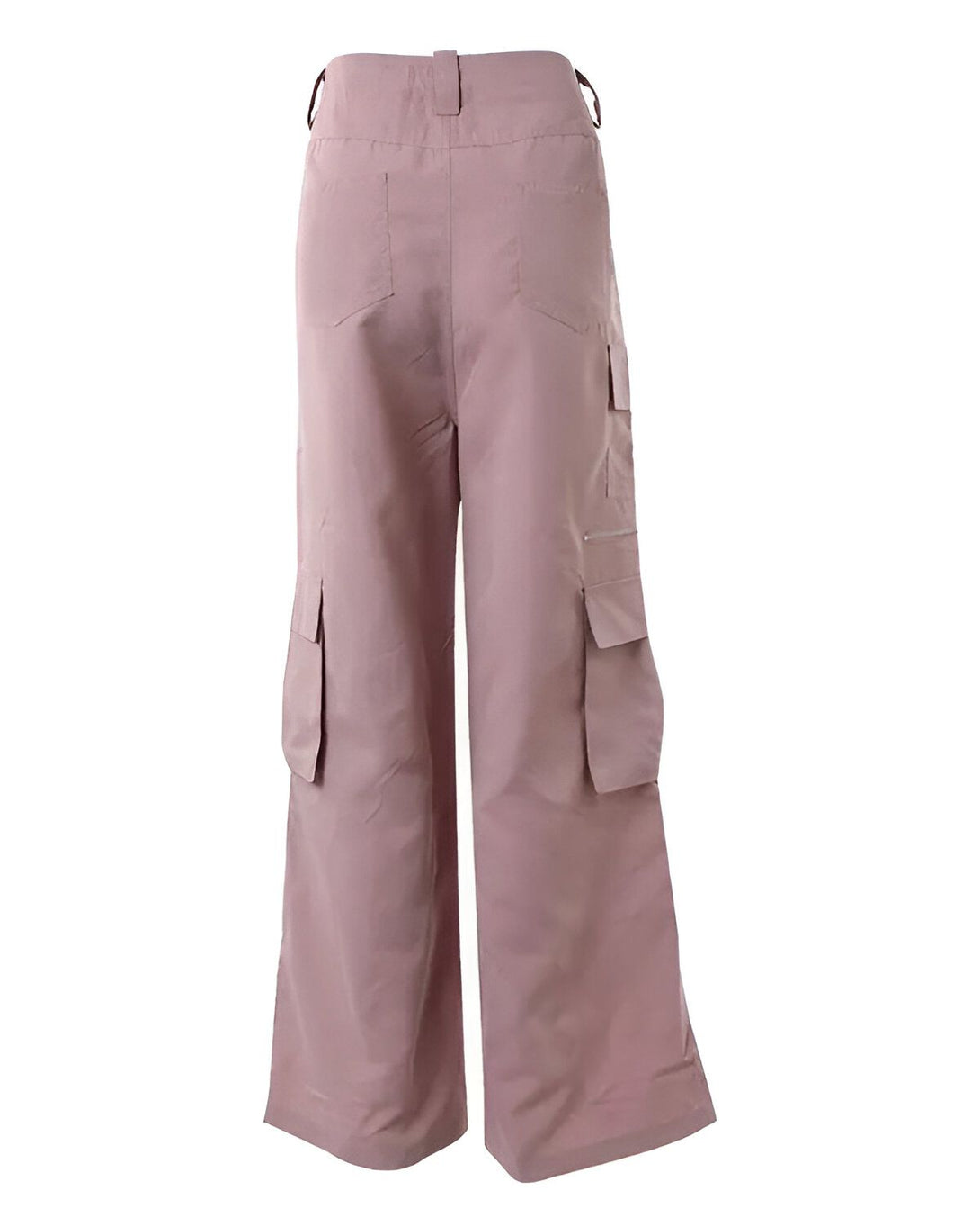 Une image d'un pantalon cargo rose pâle avec des poches sur les côtés.
