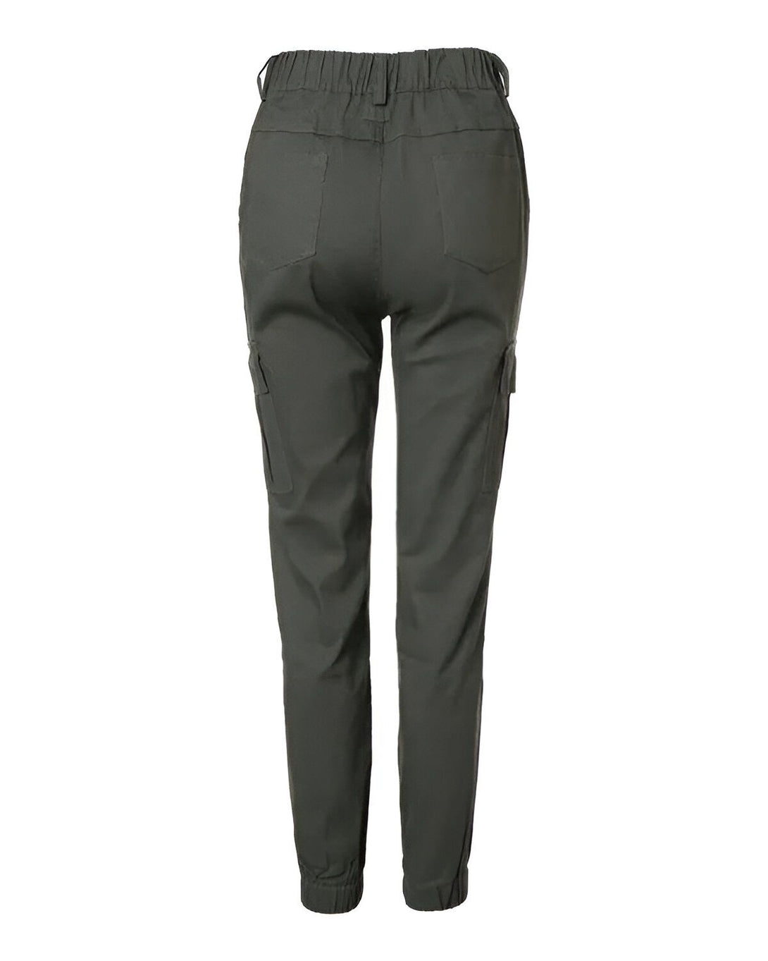 Une image d'un pantalon cargo vert olive pour femme. Le pantalon est vu de dos et est doté de deux poches cargo sur les côtés.