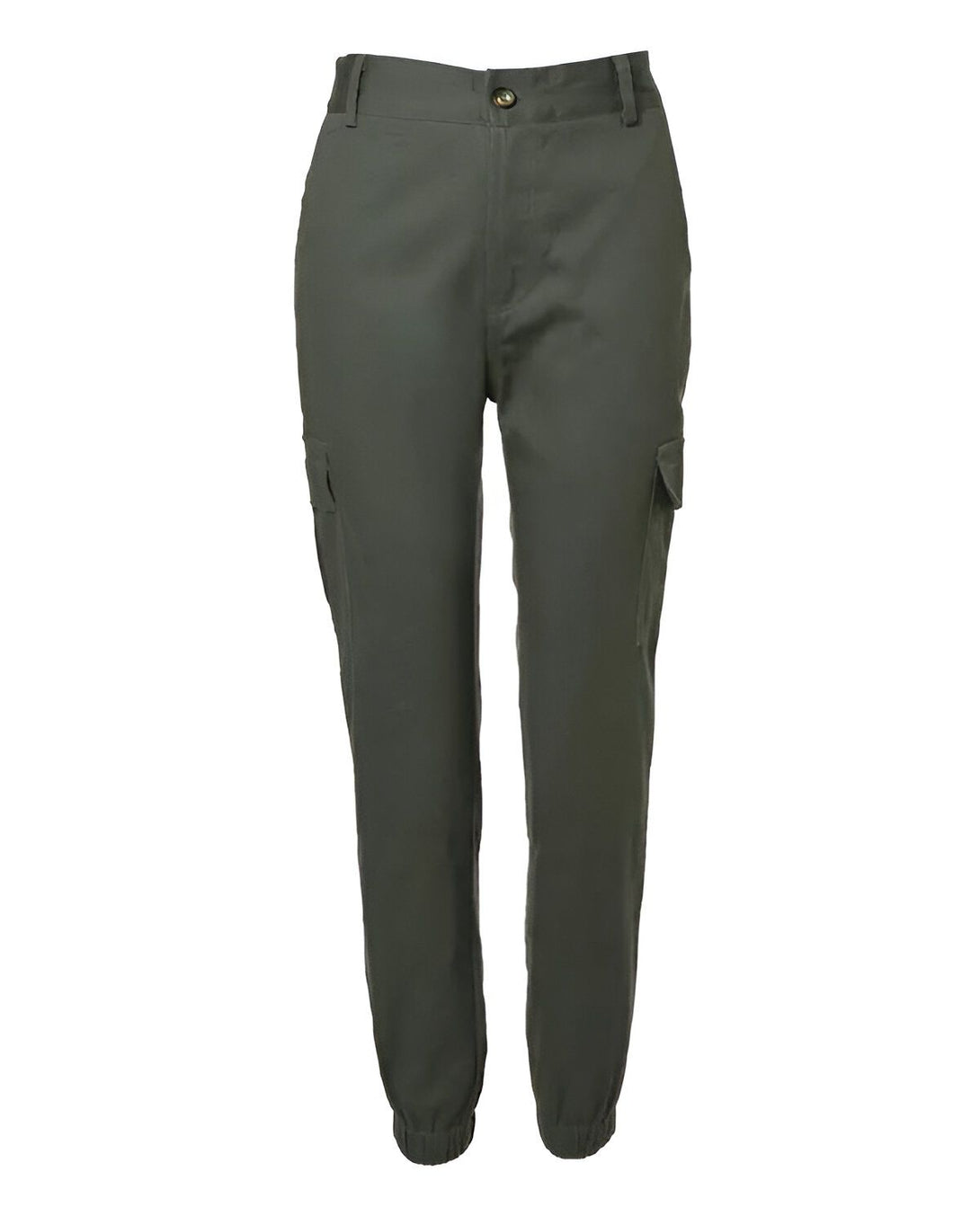 Un pantalon cargo kaki taille haute avec des poches cargo sur les côtés.