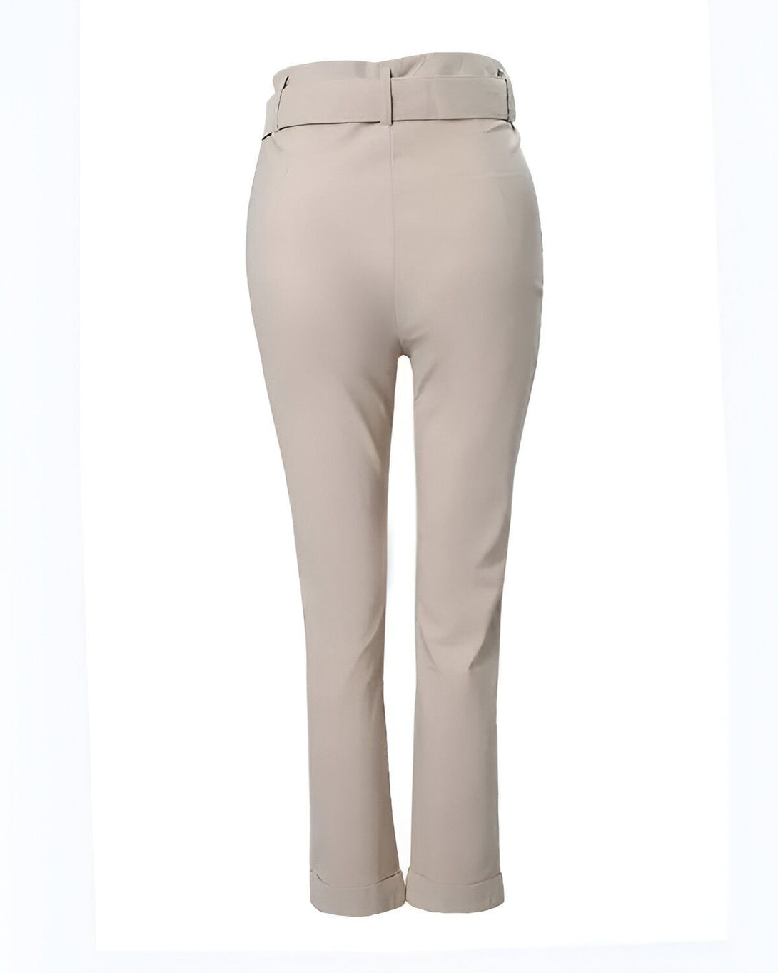 Une image d'un pantalon beige taille haute avec une ceinture.