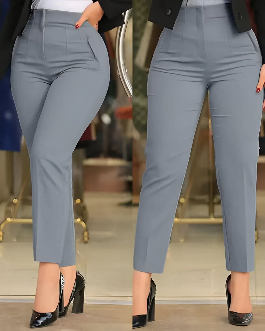 Une femme porte un pantalon gris taille haute et des escarpins noirs. Le pantalon est droit et a une coupe slim. Il est fabriqué dans un tissu stretch et est très confortable à porter. La femme porte une veste noire et un chemisier blanc. Elle a les cheveux longs et noirs et un maquillage léger. Elle est souriante et a l'air confiante.