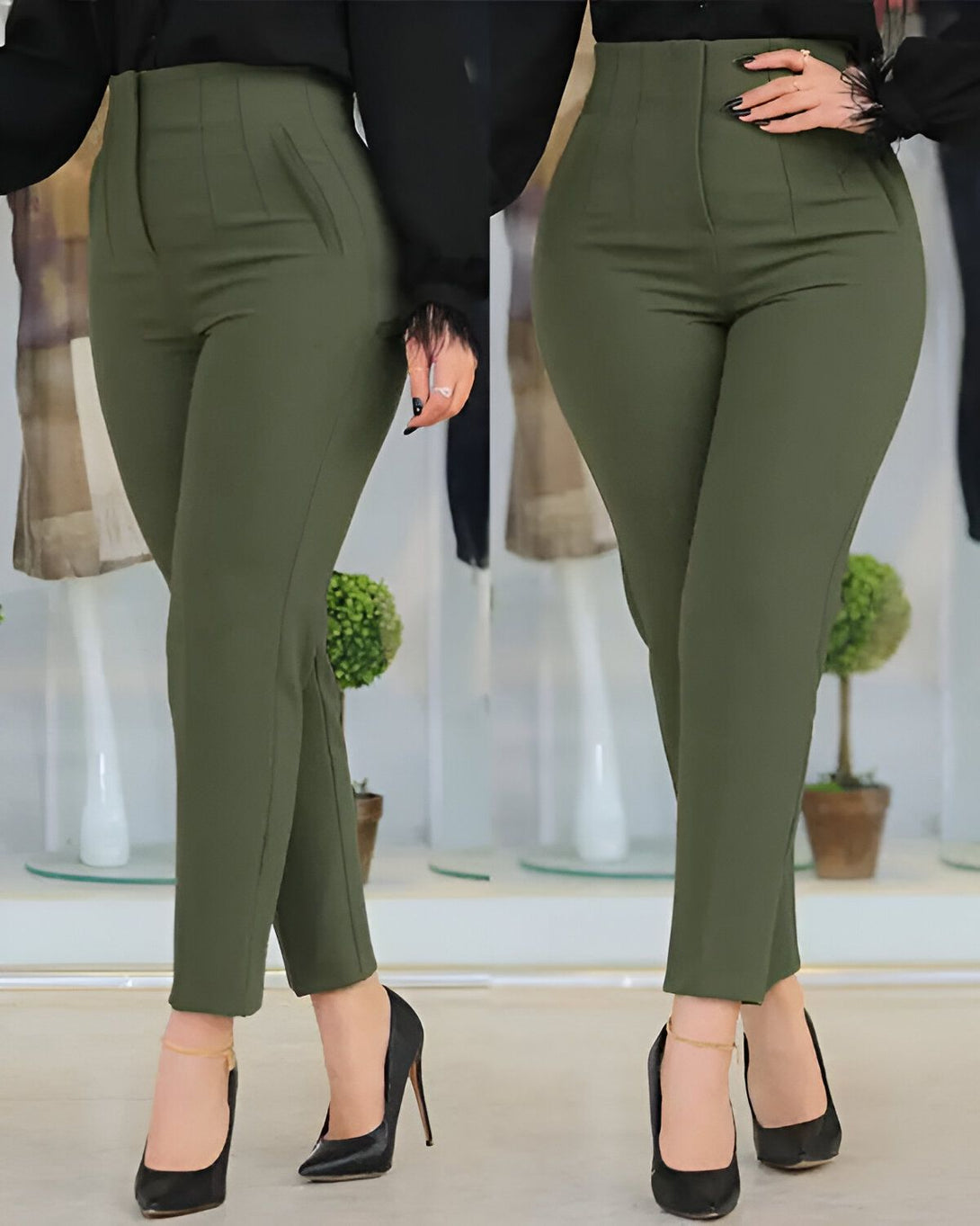 Une femme porte un pantalon vert olive taille haute avec une chemise noire. Le pantalon est ajusté et a une coupe droite. La femme porte des escarpins noirs et un collier.