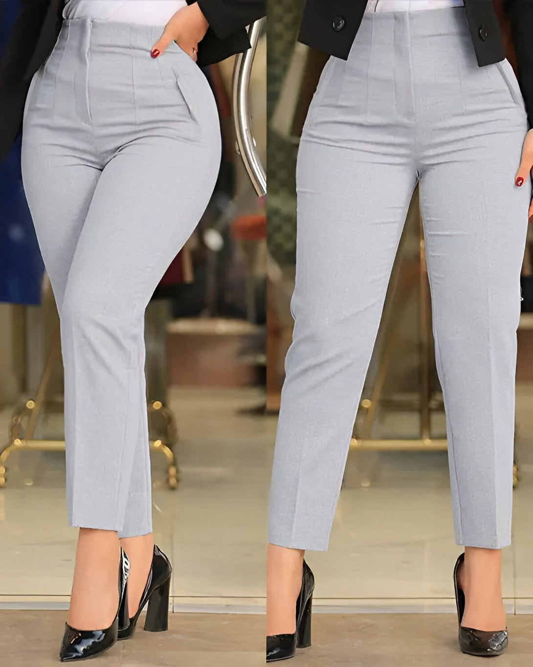 Une femme porte un pantalon gris taille haute et des escarpins noirs. Le pantalon est cintré et possède des poches sur les côtés. La femme est vue de face et de dos.